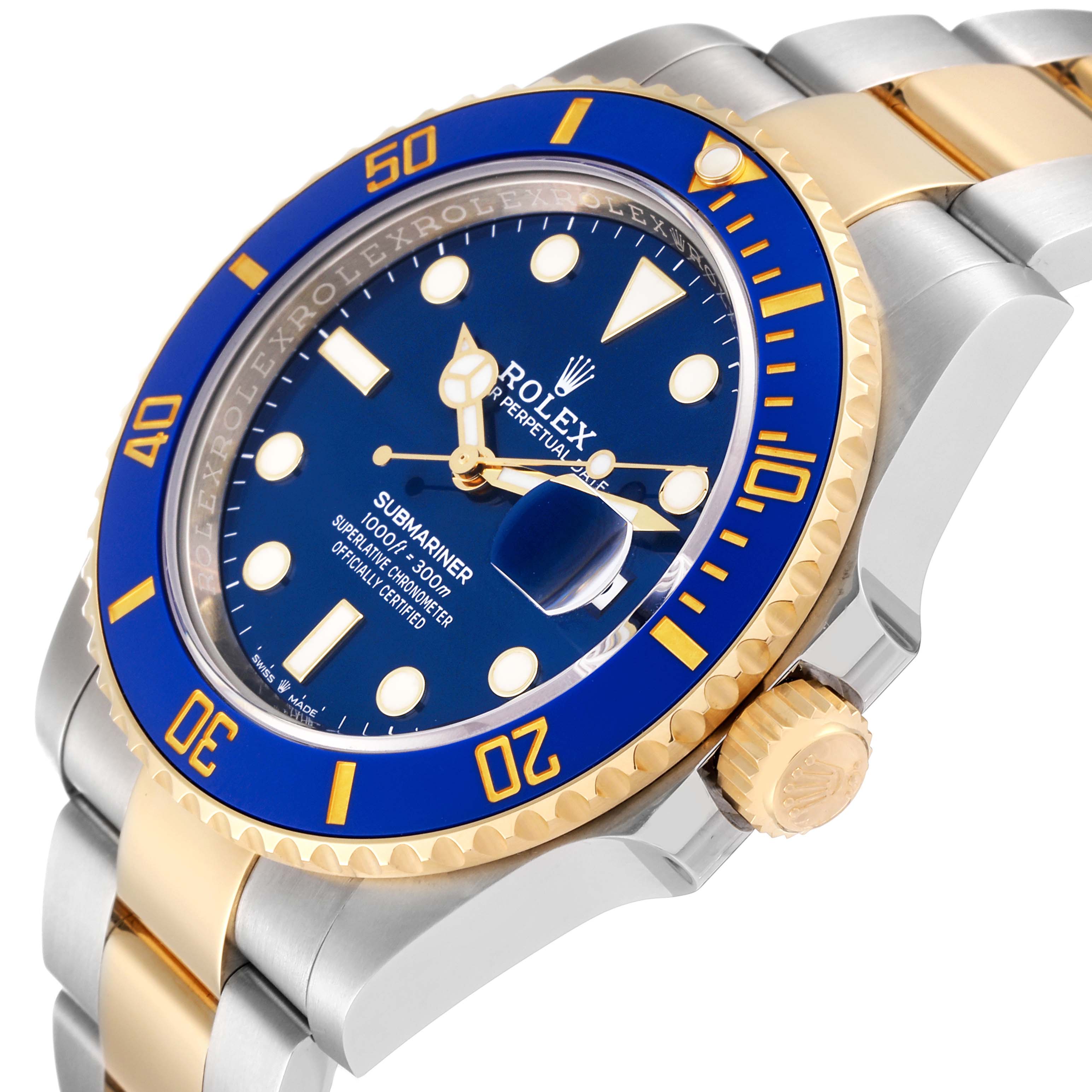 This image shows the Rolex Submariner 126613 Men's Steel and Gold (two tone) Blue Dial 126613 Men's Steel and Gold (two tone) Blue Dial watch at an angle, highlighting its blue dial, bezel, and two-tone metal bracelet.