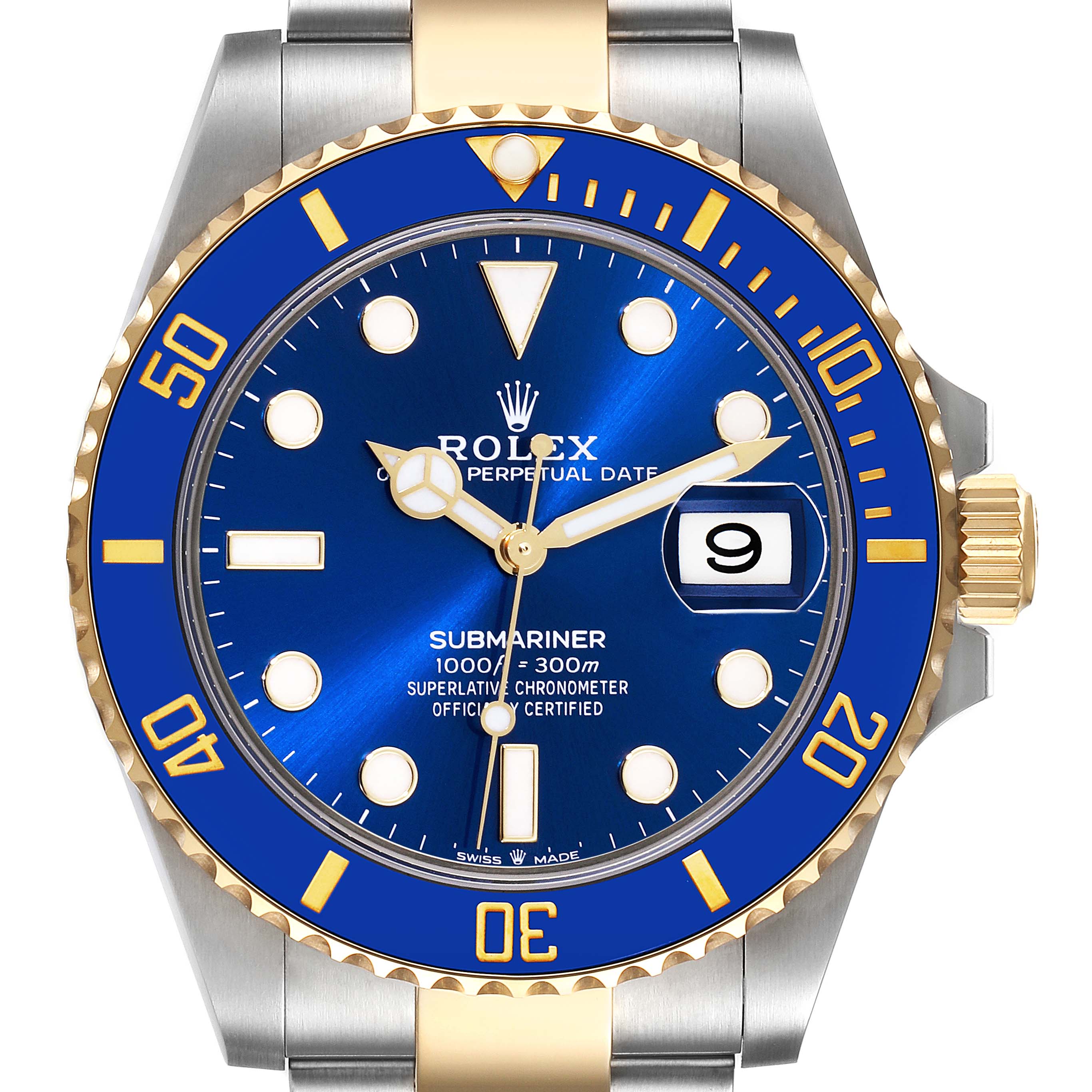 This image shows a front angle of a Rolex Submariner 126613 Men's Steel and Gold (two tone) Blue Dial 126613 Men's Steel and Gold (two tone) Blue Dial watch, highlighting its blue dial and bezel, gold accents, and date indicator.