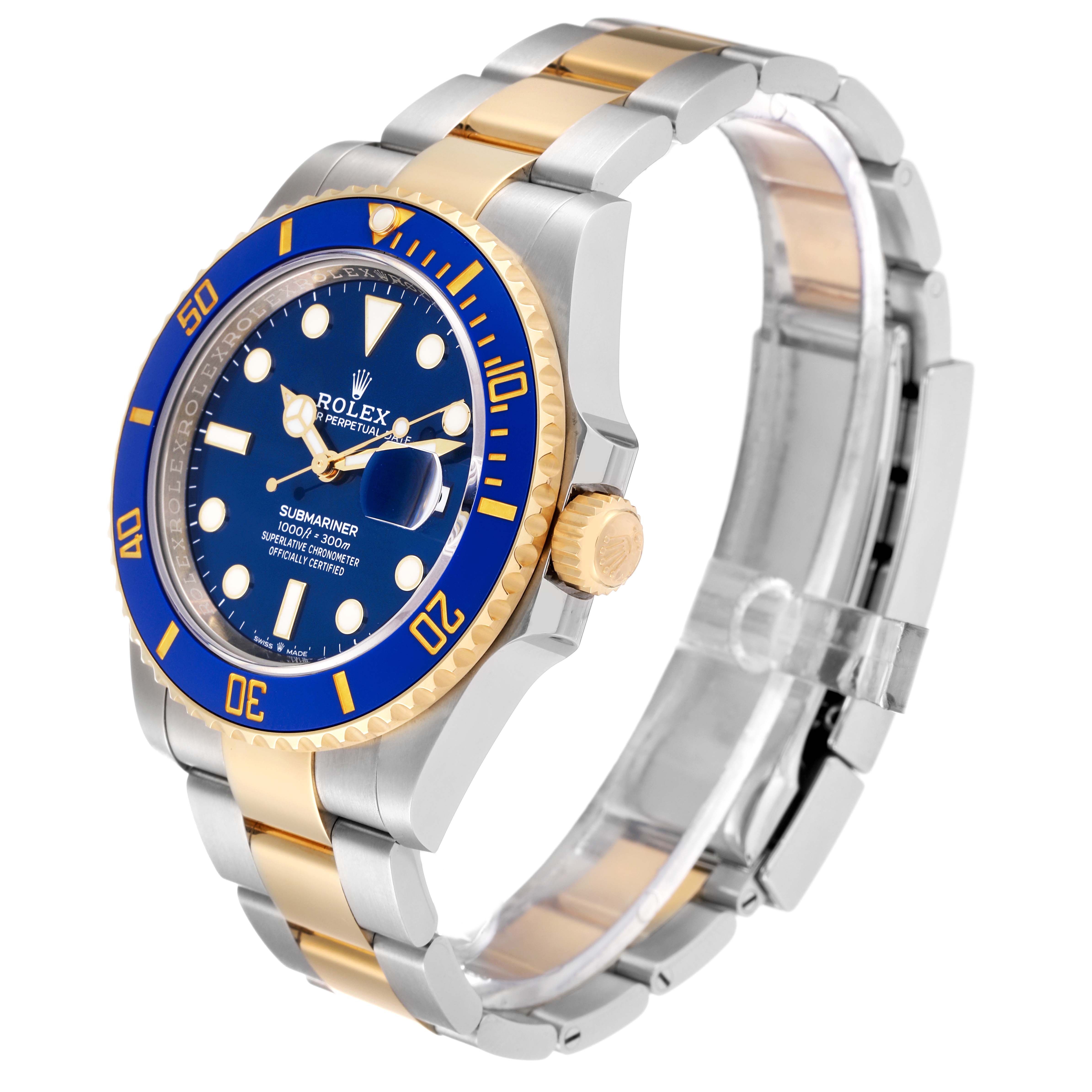 The Rolex Submariner 126613 Men's Steel and Gold (two tone) Blue Dial 126613 Men's Steel and Gold (two tone) Blue Dial watch is shown at an angled side view, highlighting the bezel, dial, case, crown, and bracelet.