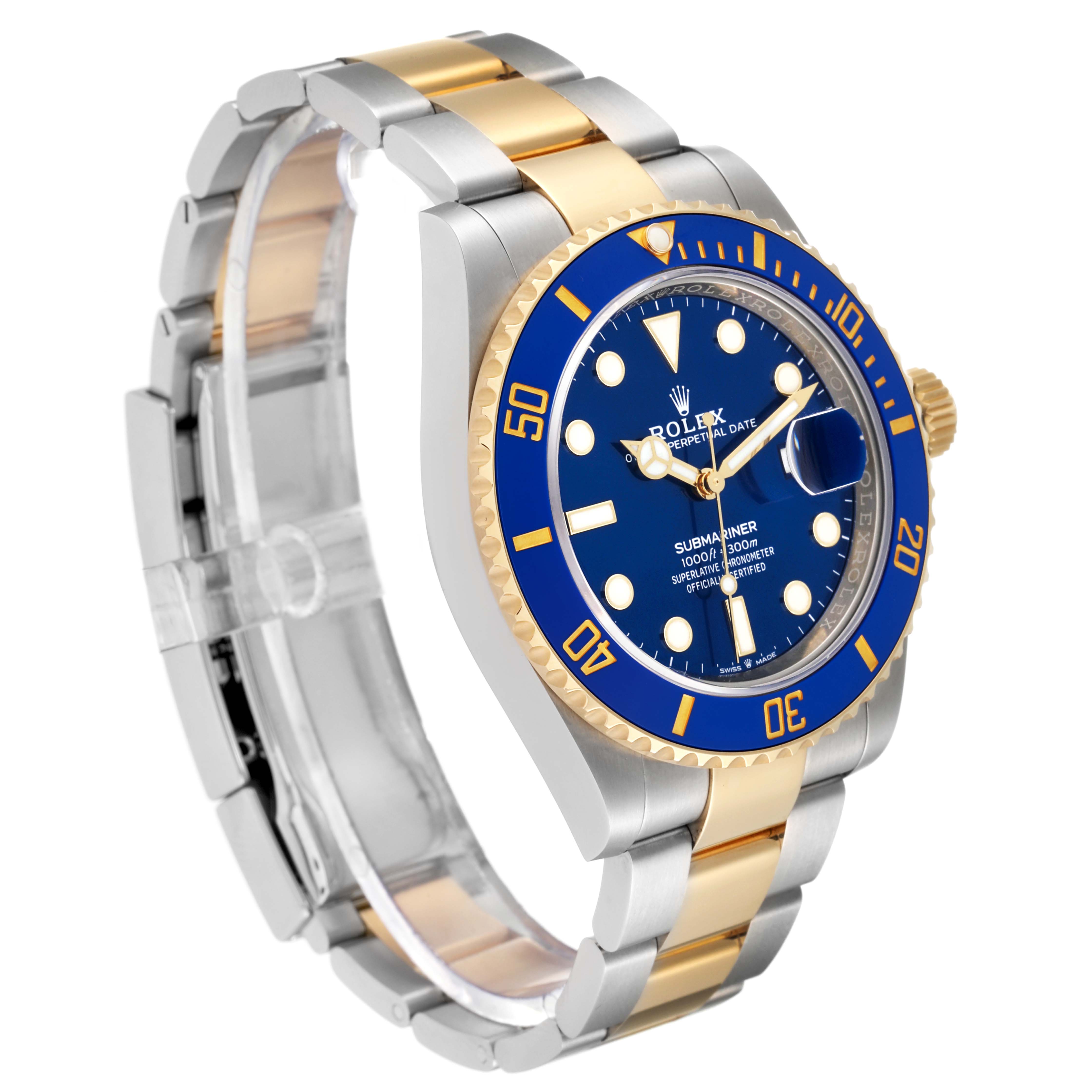 The Rolex Submariner 126613 Men's Steel and Gold (two tone) Blue Dial 126613 Men's Steel and Gold (two tone) Blue Dial watch is shown at a three-quarter angle, displaying its blue dial, bezel, and two-tone bracelet.