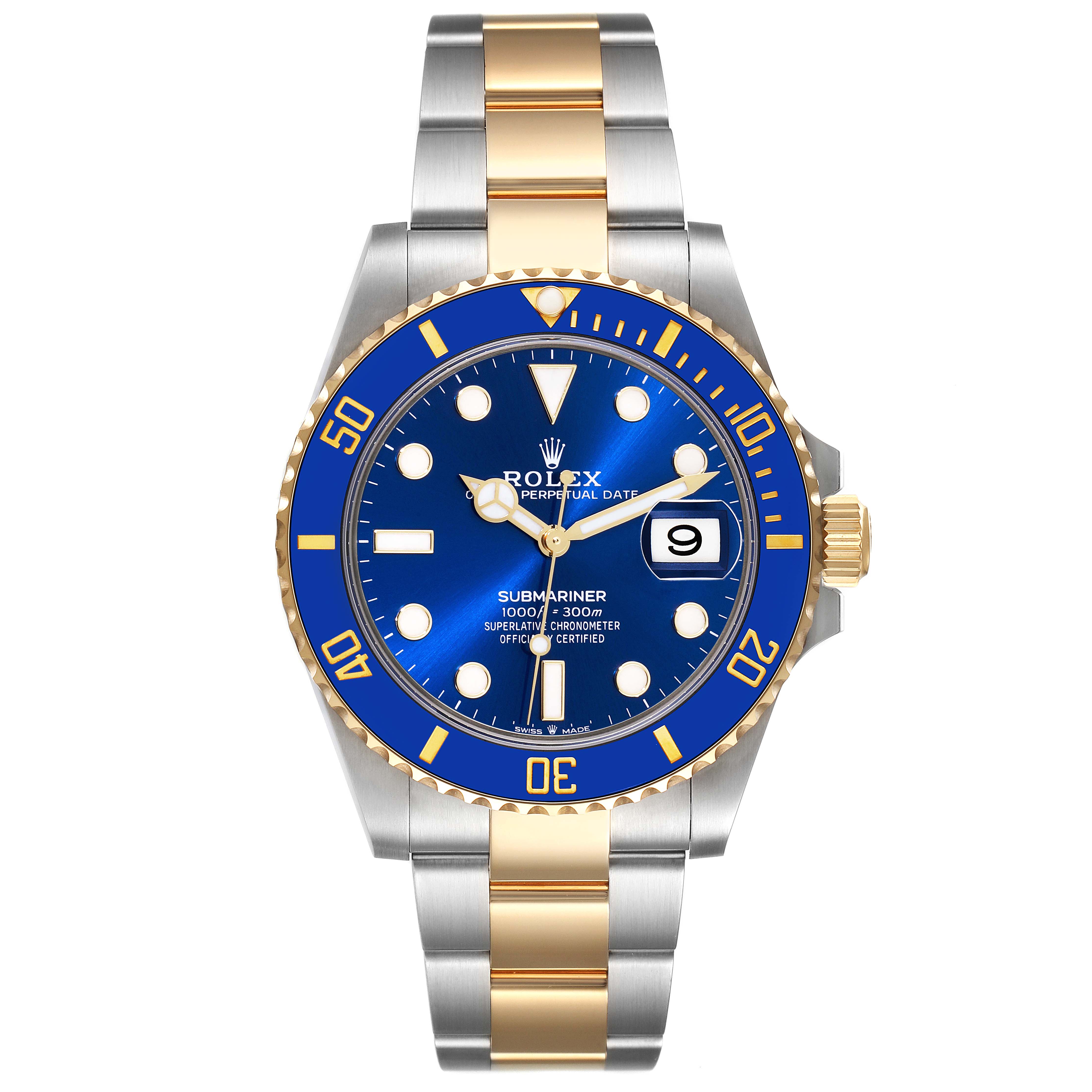 The image shows a front view of the Rolex Submariner 126613 Men's Steel and Gold (two tone) Blue Dial 126613 Men's Steel and Gold (two tone) Blue Dial watch, highlighting its blue dial, date window, and two-tone bracelet.