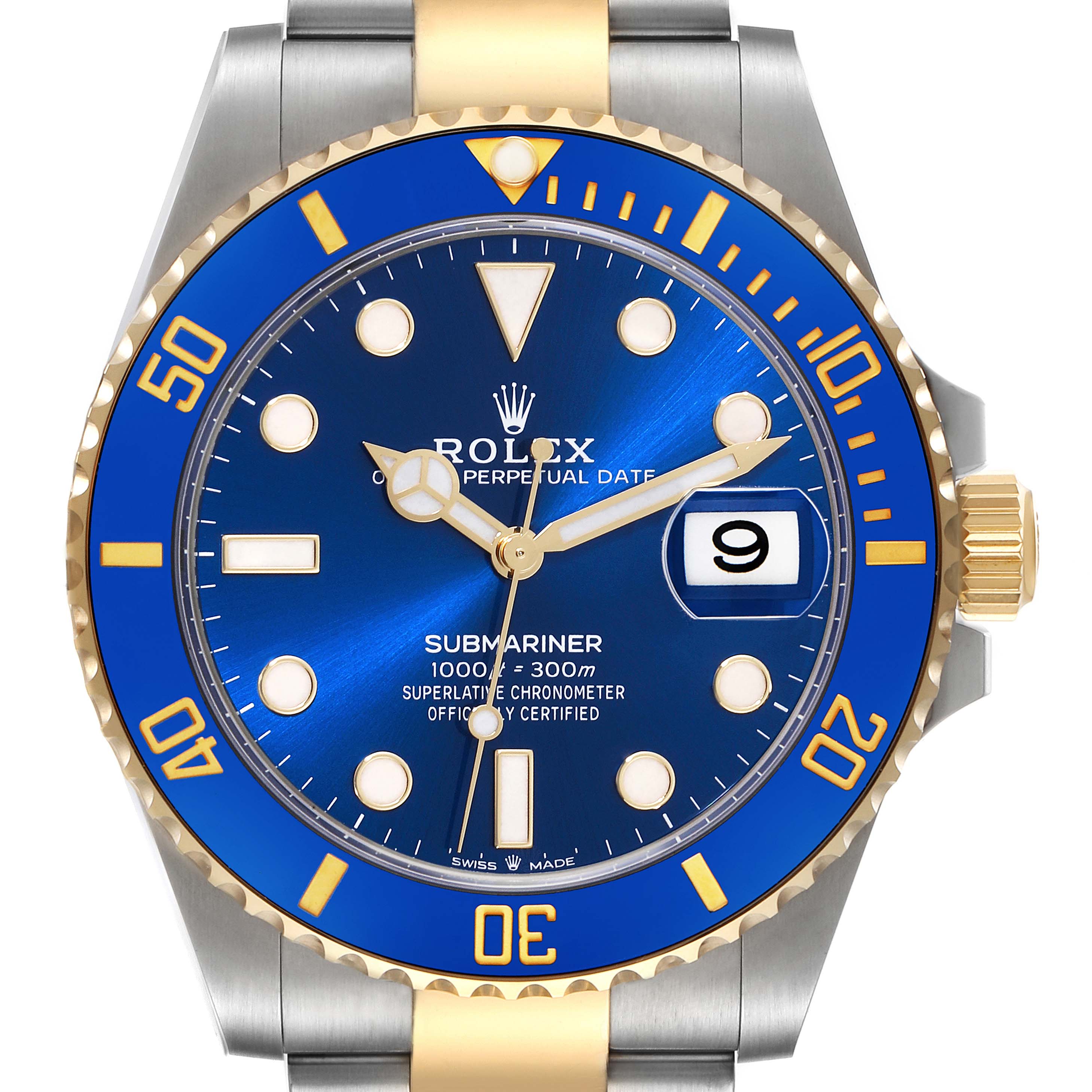 The image shows a front view of a Rolex Submariner 126613 Men's Steel and Gold (two tone) Blue Dial 126613 Men's Steel and Gold (two tone) Blue Dial, highlighting the blue dial, date window, and two-tone bezel and bracelet.