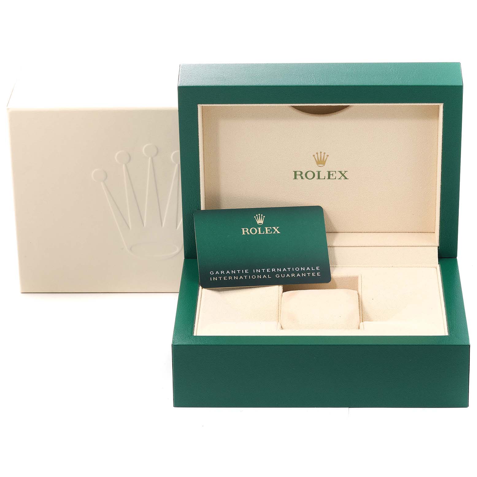 The image shows the box and international guarantee card for a Rolex Submariner 126613 Men's Steel and Gold (two tone) Blue Dial 126613 Men's Steel and Gold (two tone) Blue Dial watch.
