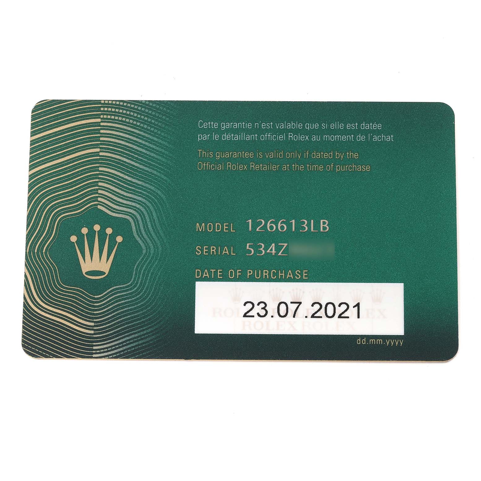 The image shows a warranty card for the Rolex Submariner 126613 Men's Steel and Gold (two tone) Blue Dial 126613 Men's Steel and Gold (two tone) Blue Dial model, displaying model number 126613LB and purchase date.