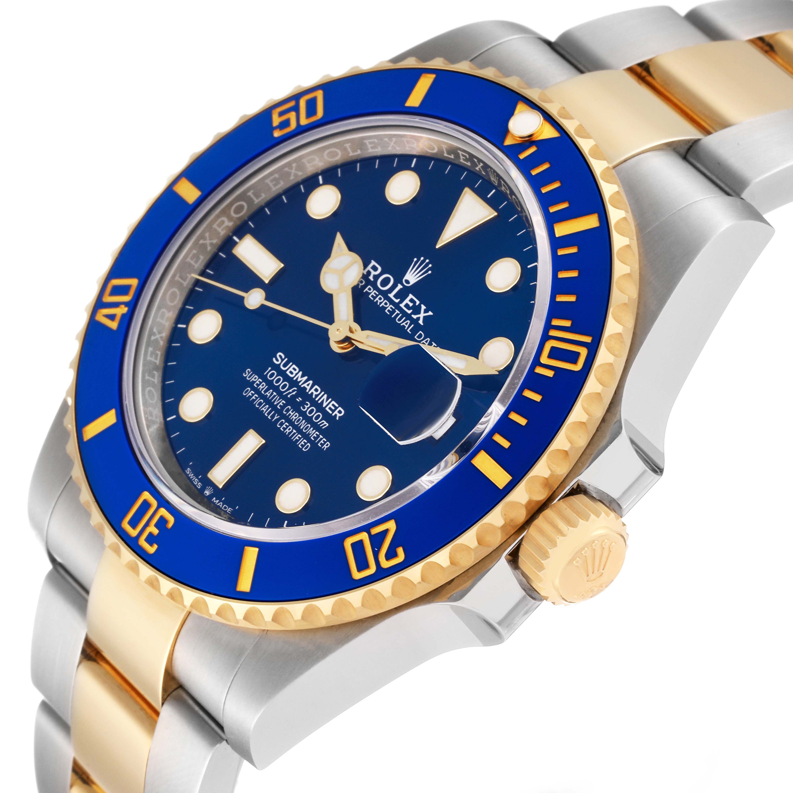 The Rolex Submariner 126613 Men's Steel and Gold (two tone) Blue Dial 126613 Men's Steel and Gold (two tone) Blue Dial is shown at a three-quarter angle, highlighting its blue dial, gold bezel, and two-tone bracelet.