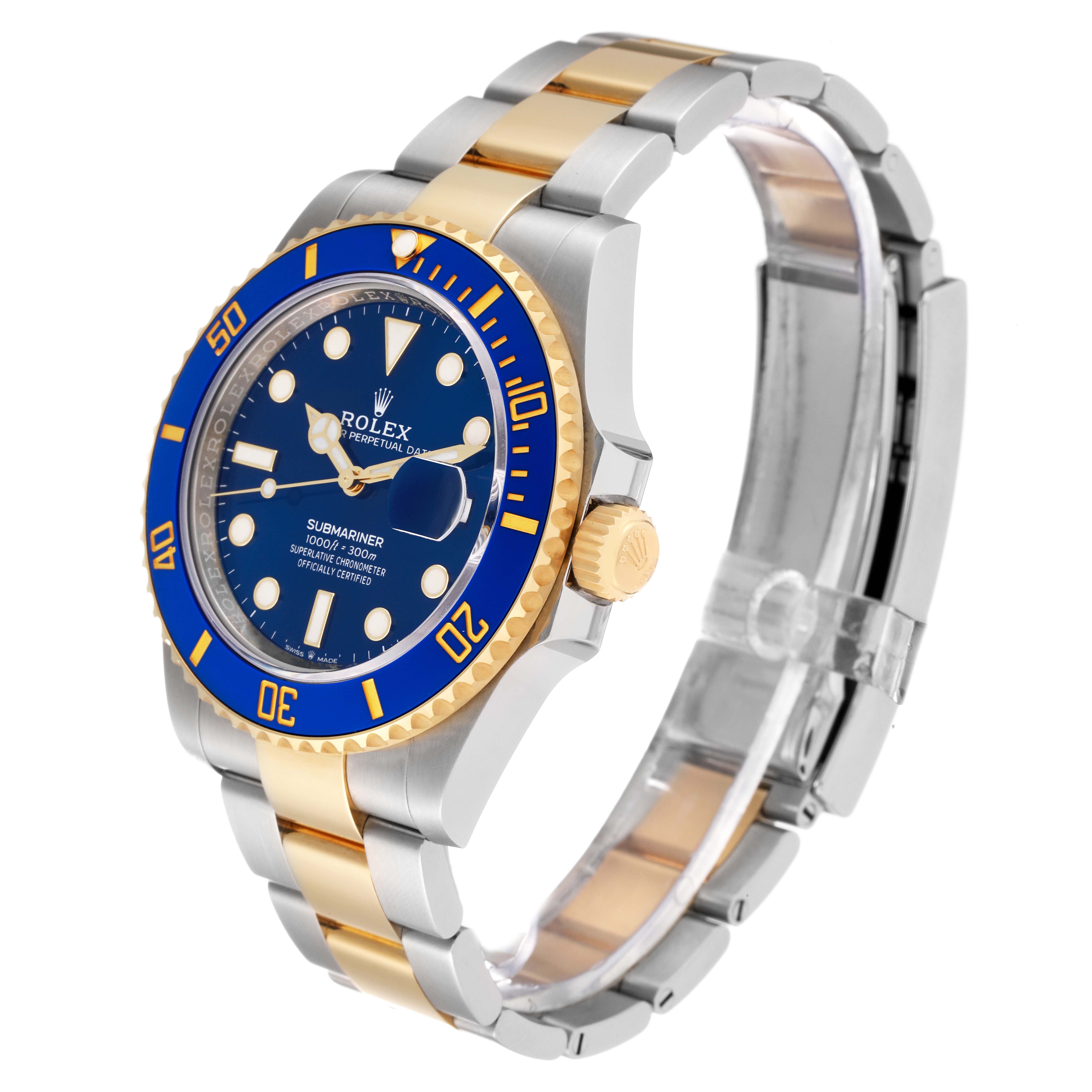 The image shows a side and front view of the Rolex Submariner 126613 Men's Steel and Gold (two tone) Blue Dial 126613 Men's Steel and Gold (two tone) Blue Dial watch, highlighting the blue dial and bezel with gold accents.