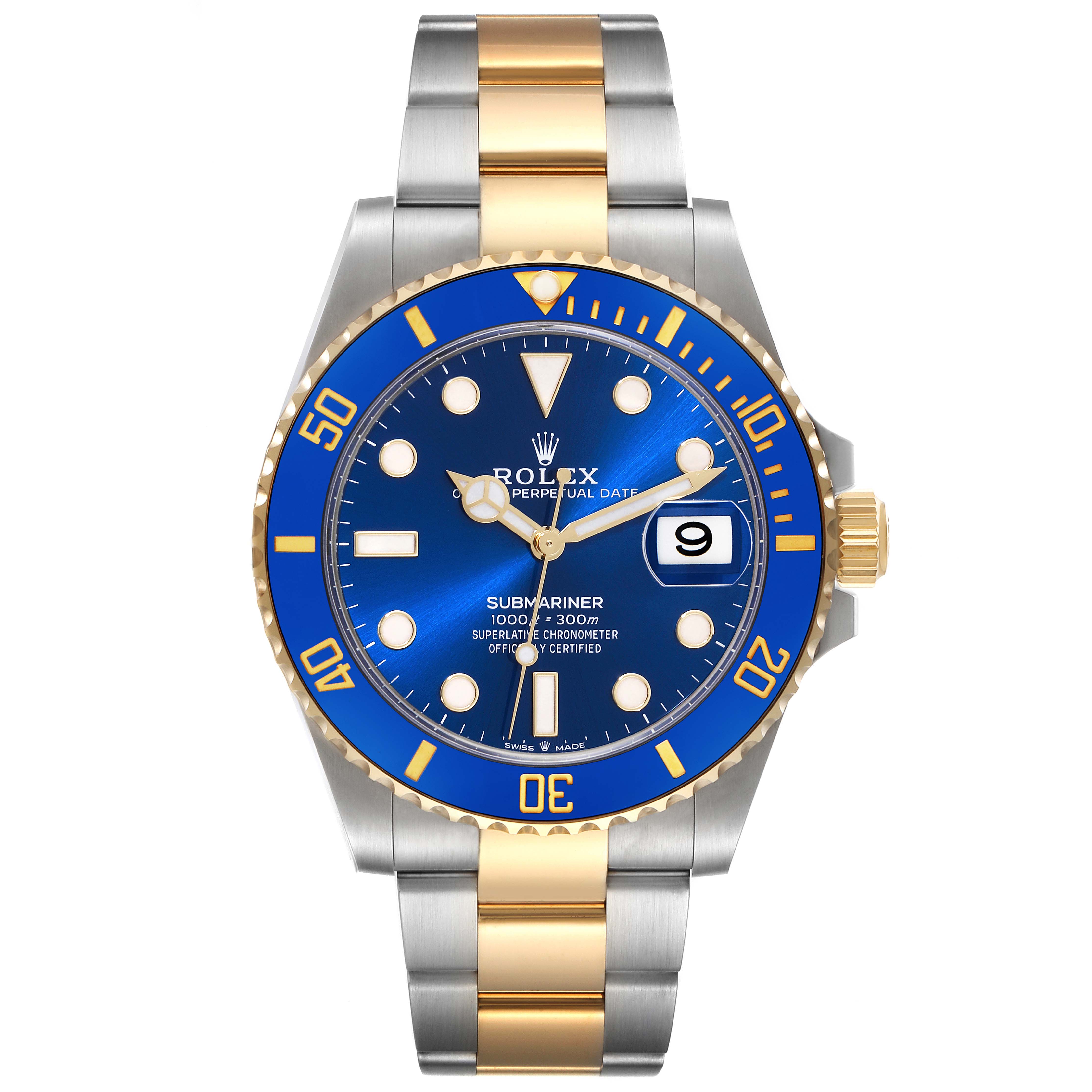 The image shows a front view of a Rolex Submariner 126613 Men's Steel and Gold (two tone) Blue Dial 126613 Men's Steel and Gold (two tone) Blue Dial watch with a blue dial and bezel, gold accents, and a two-tone bracelet.