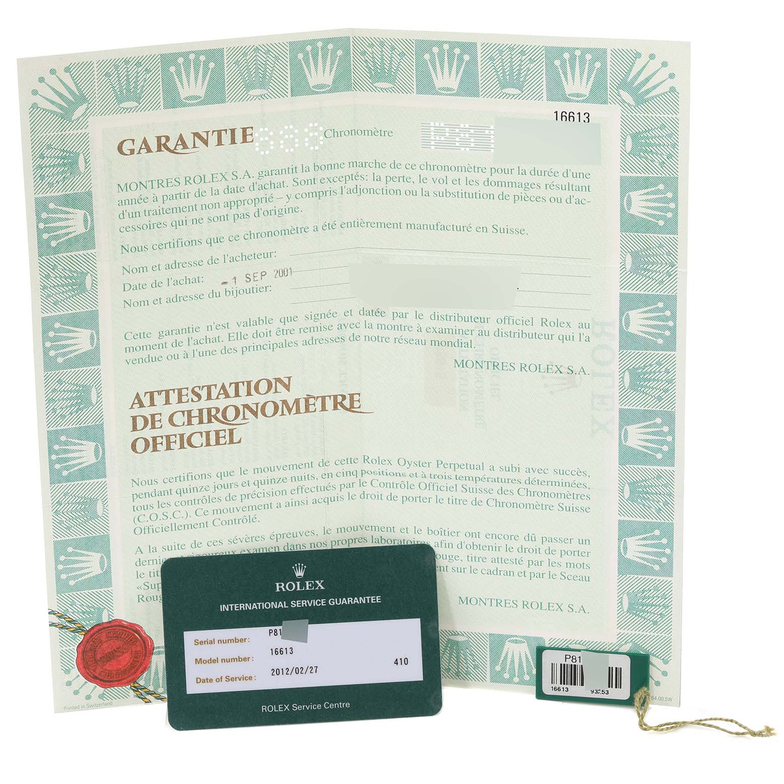This image shows the warranty certificate and service guarantee card for a Rolex Submariner 16613 Men's Steel and Gold (two tone) Blue Dial 16613 Men's Steel and Gold (two tone) Blue Dial model.