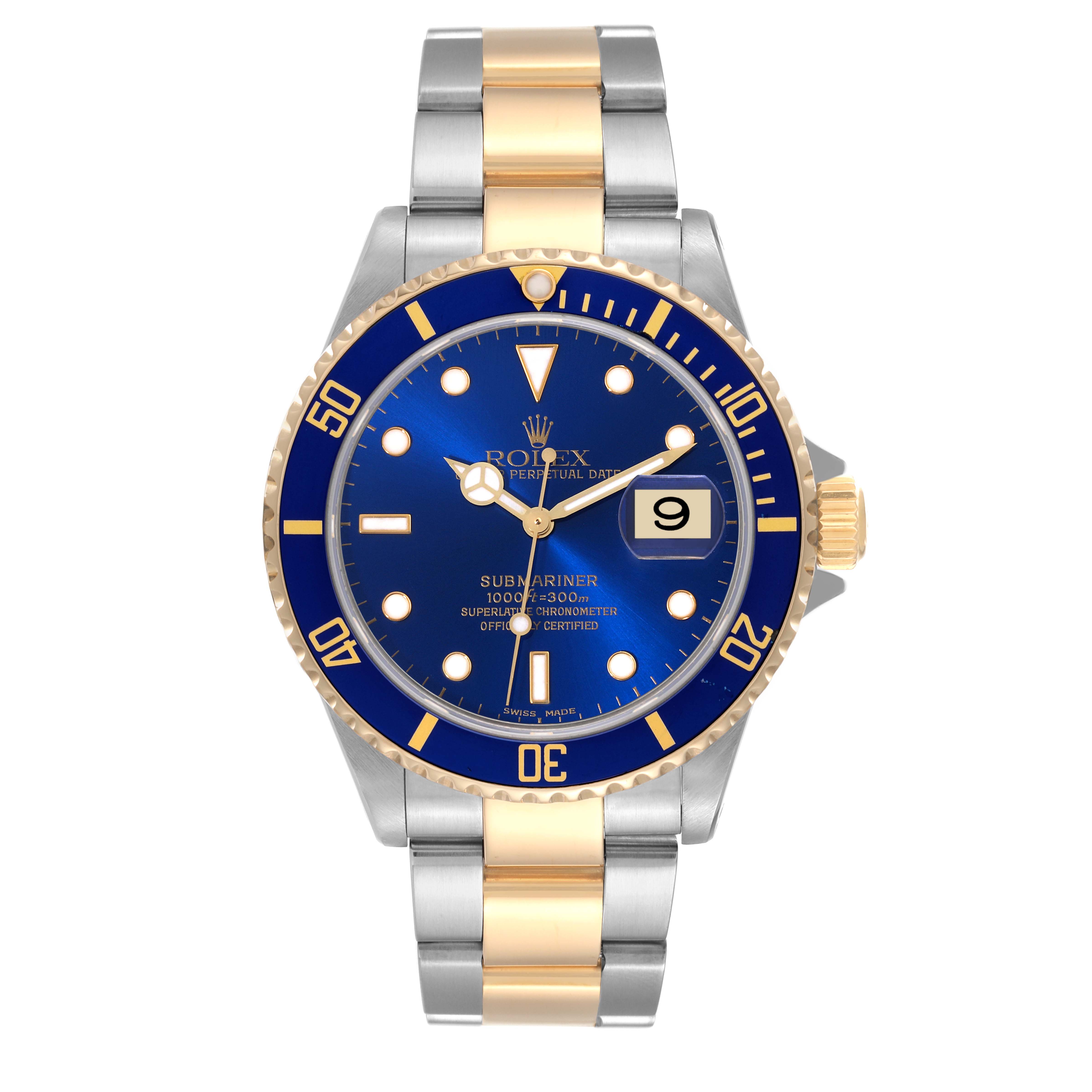 The image shows a front view of a Rolex Submariner 16613 Men's Steel and Gold (two tone) Blue Dial 16613 Men's Steel and Gold (two tone) Blue Dial watch, featuring a blue dial, date display, and two-tone bracelet.
