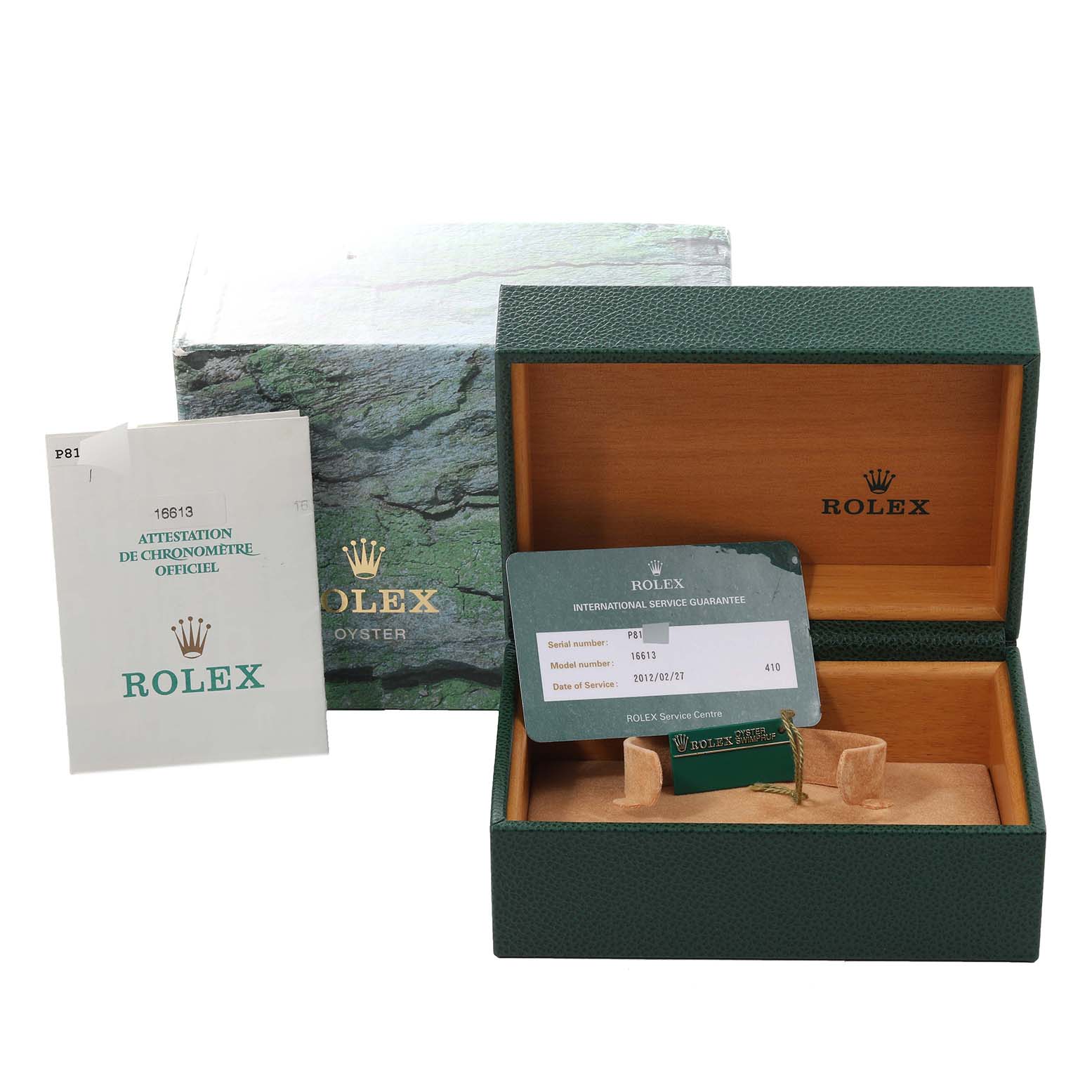 The image shows the packaging for a Rolex Submariner 16613 Men's Steel and Gold (two tone) Blue Dial 16613 Men's Steel and Gold (two tone) Blue Dial, including the box, service guarantee card, and booklet from a front angle.