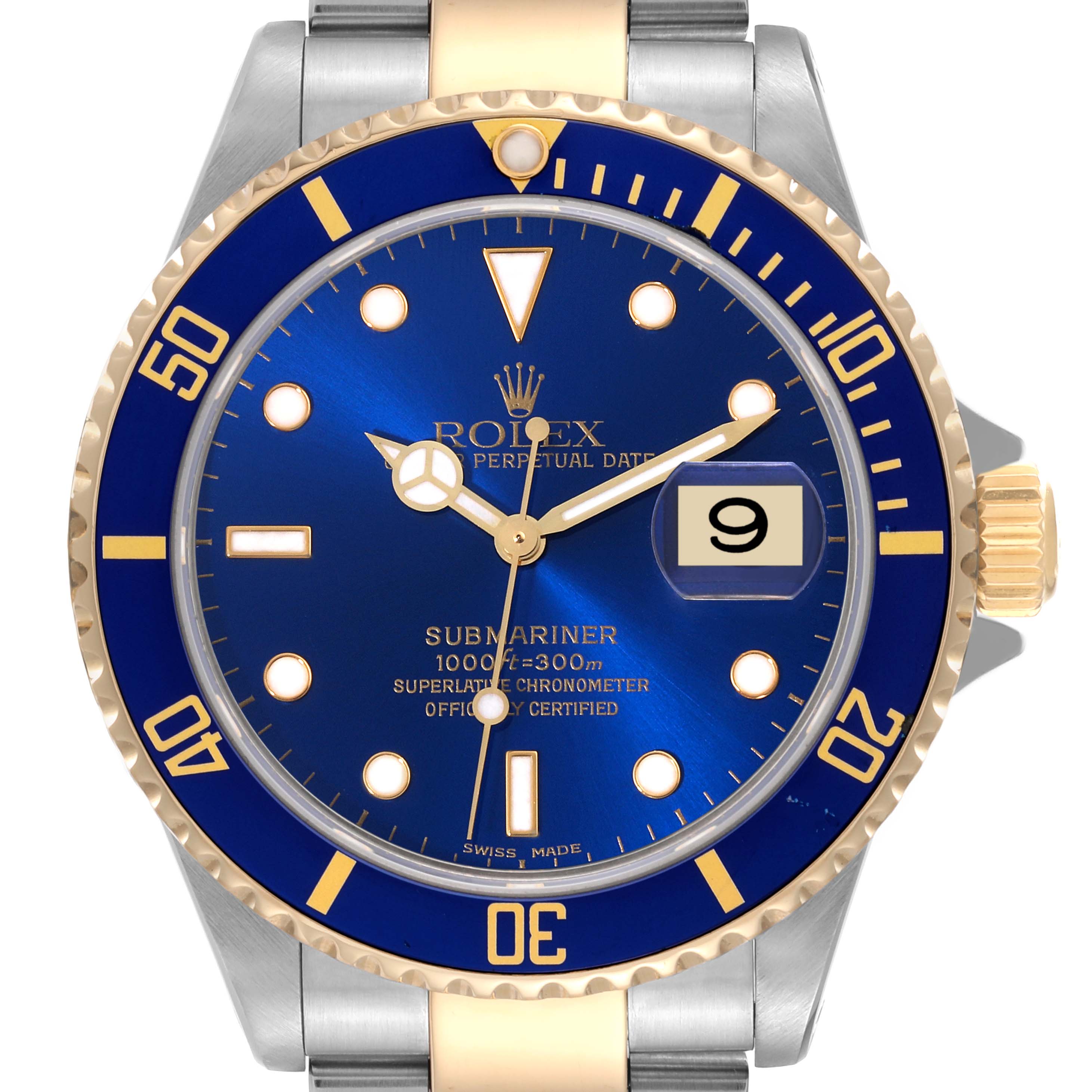 The image shows a front angle of a Rolex Submariner 16613 Men's Steel and Gold (two tone) Blue Dial 16613 Men's Steel and Gold (two tone) Blue Dial watch with a blue dial and bezel, displaying the date at 3 o'clock.