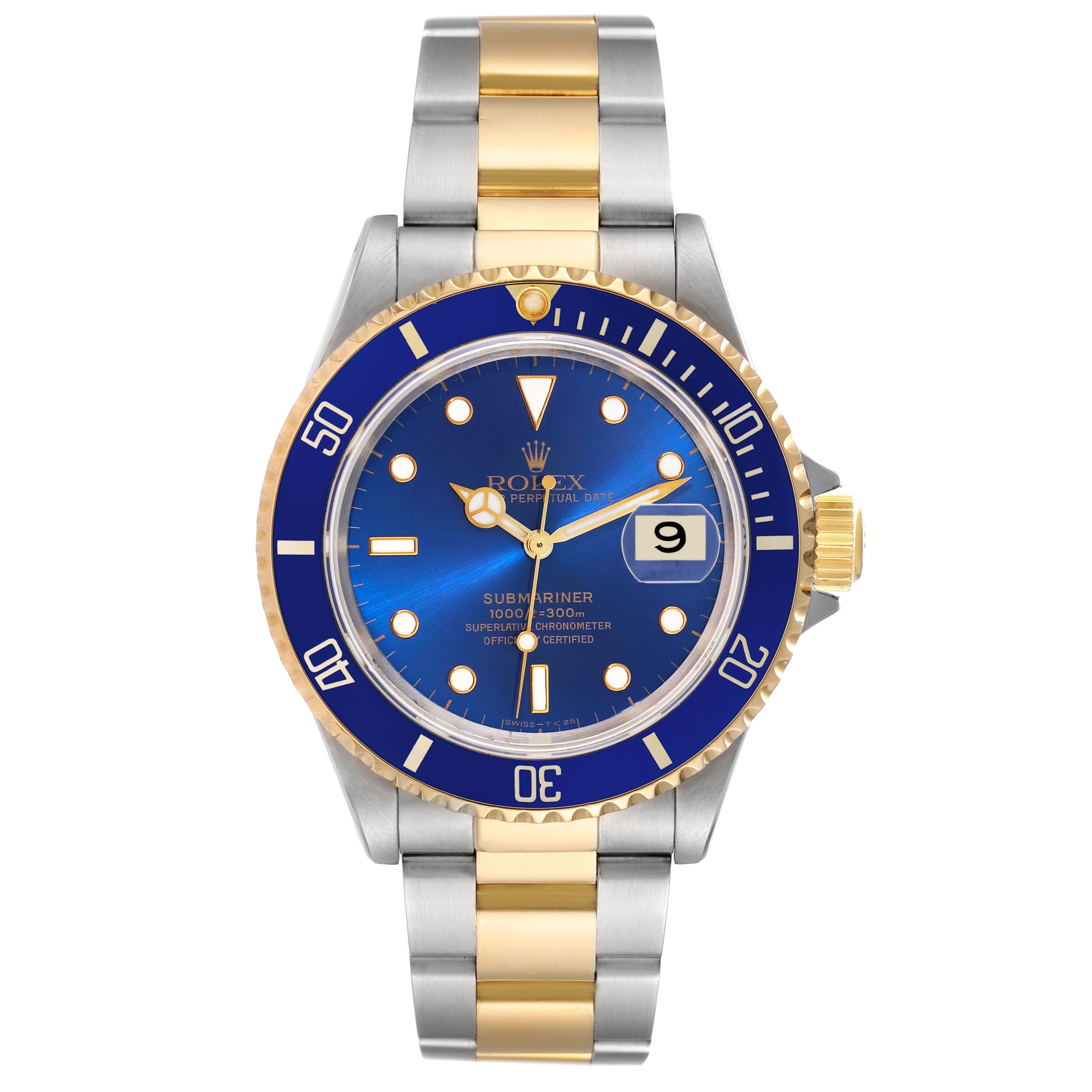 The image shows a front view of a Rolex Submariner 16613 Men's Steel and Gold (two tone) Blue Dial 16613 Men's Steel and Gold (two tone) Blue Dial watch with a blue dial and a two-tone bracelet.