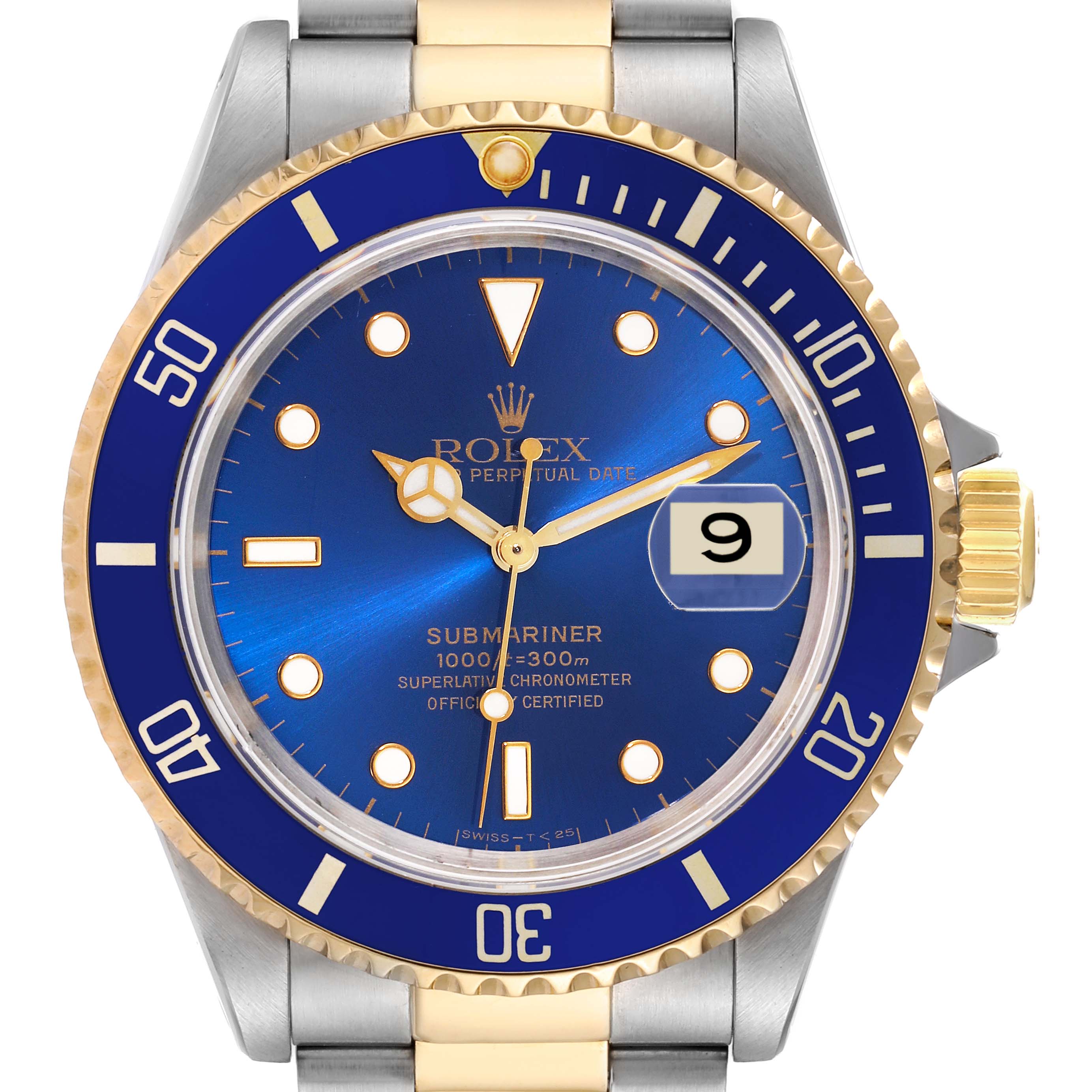 The image shows a front view of a Rolex Submariner 16613 Men's Steel and Gold (two tone) Blue Dial 16613 Men's Steel and Gold (two tone) Blue Dial watch, featuring a blue dial, gold accents, and a date display.