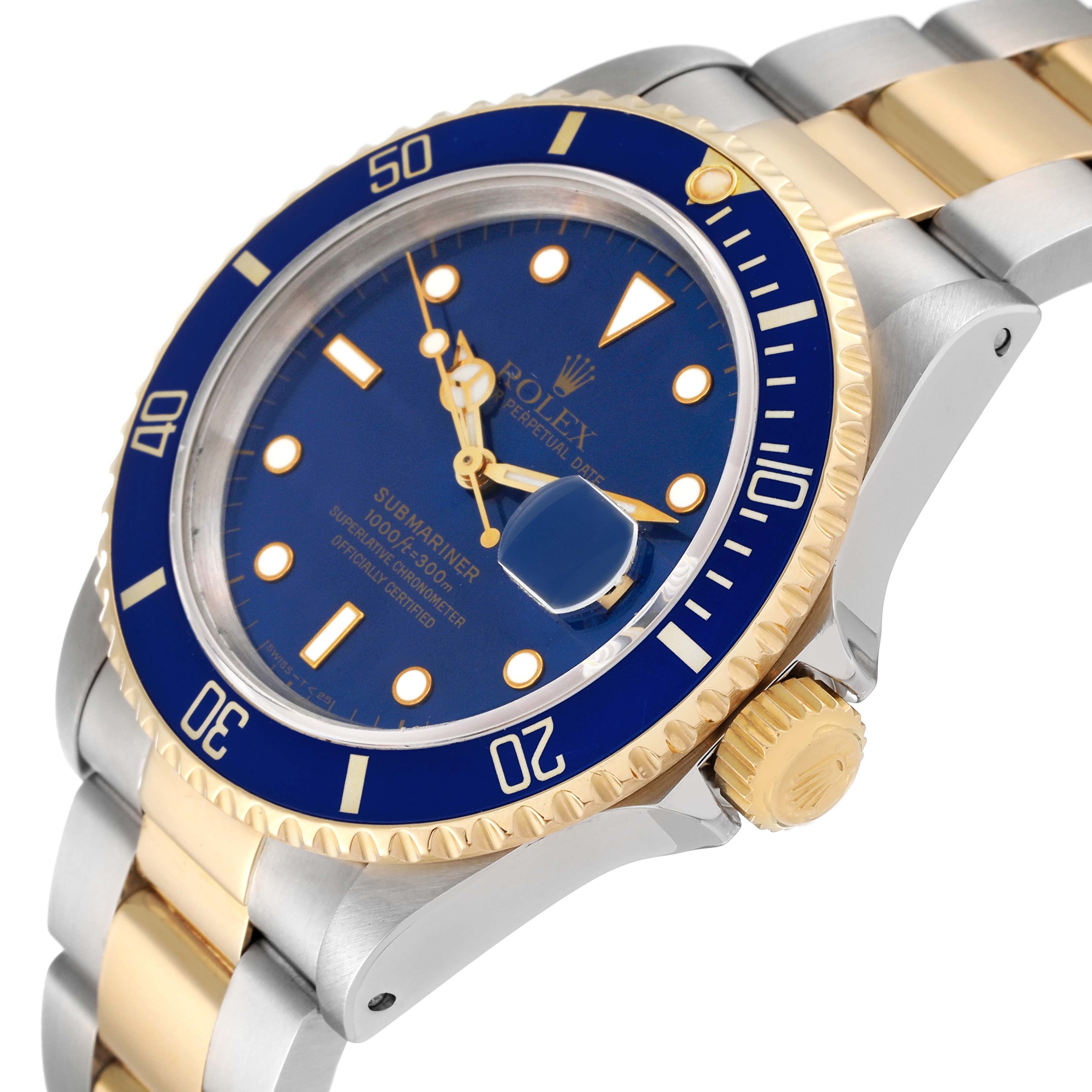 This image shows a Rolex Submariner 16613 Men's Steel and Gold (two tone) Blue Dial 16613 Men's Steel and Gold (two tone) Blue Dial watch at a slight angle, highlighting the blue dial, bezel, and bracelet.