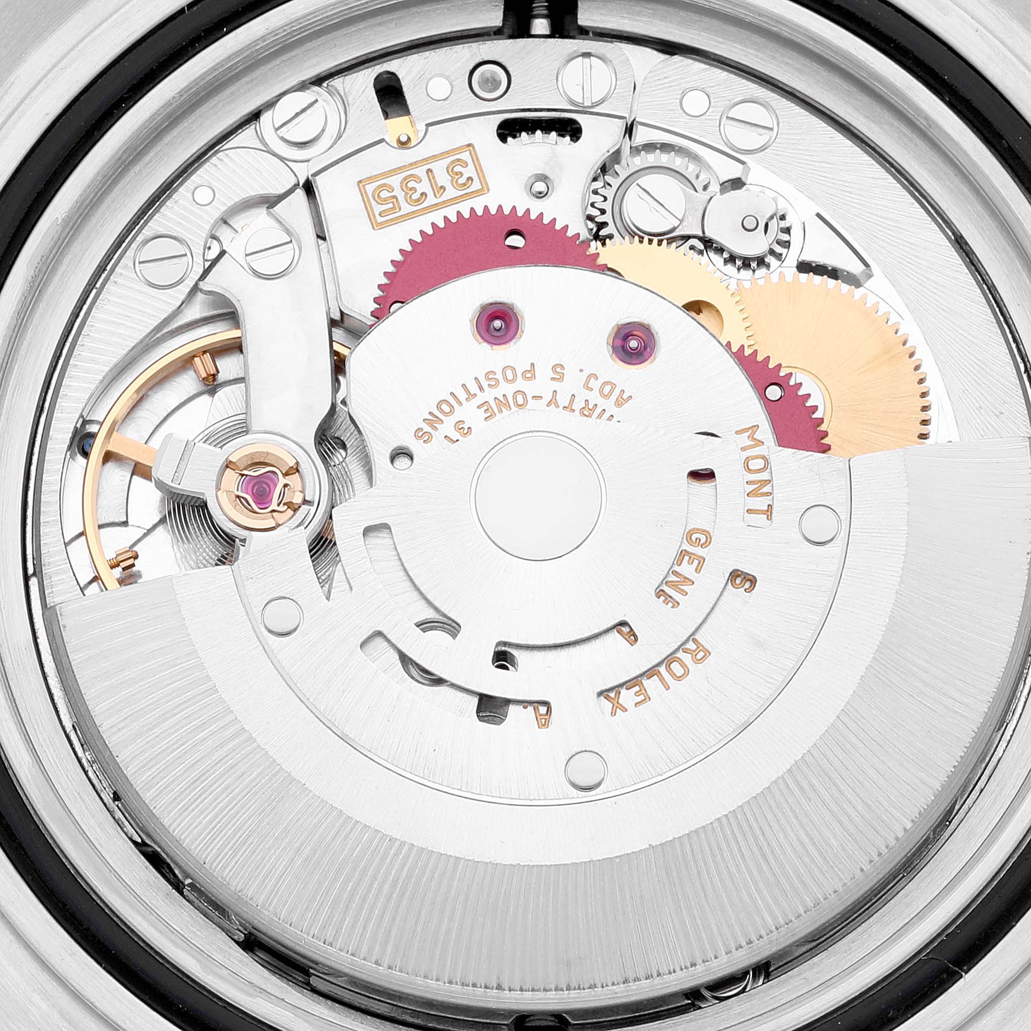 The image shows the inner mechanical movement of a Rolex Submariner 16613 Men's Steel and Gold (two tone) Black Dial 16613 Men's Steel and Gold (two tone) Black Dial watch, viewed from the back.