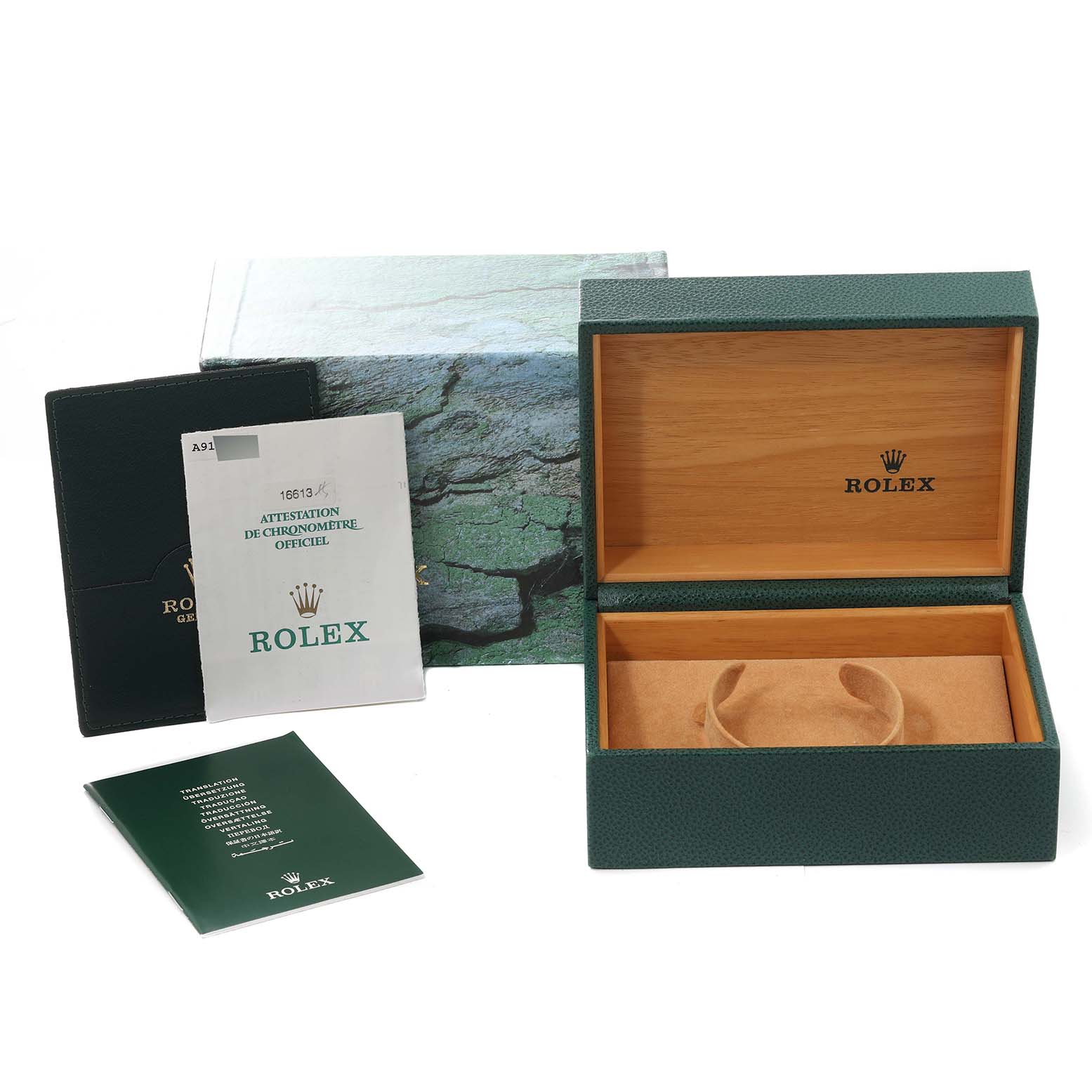 The image shows the packaging, box, and documentation for a Rolex Submariner 16613 Men's Steel and Gold (two tone) Black Dial 16613 Men's Steel and Gold (two tone) Black Dial watch.