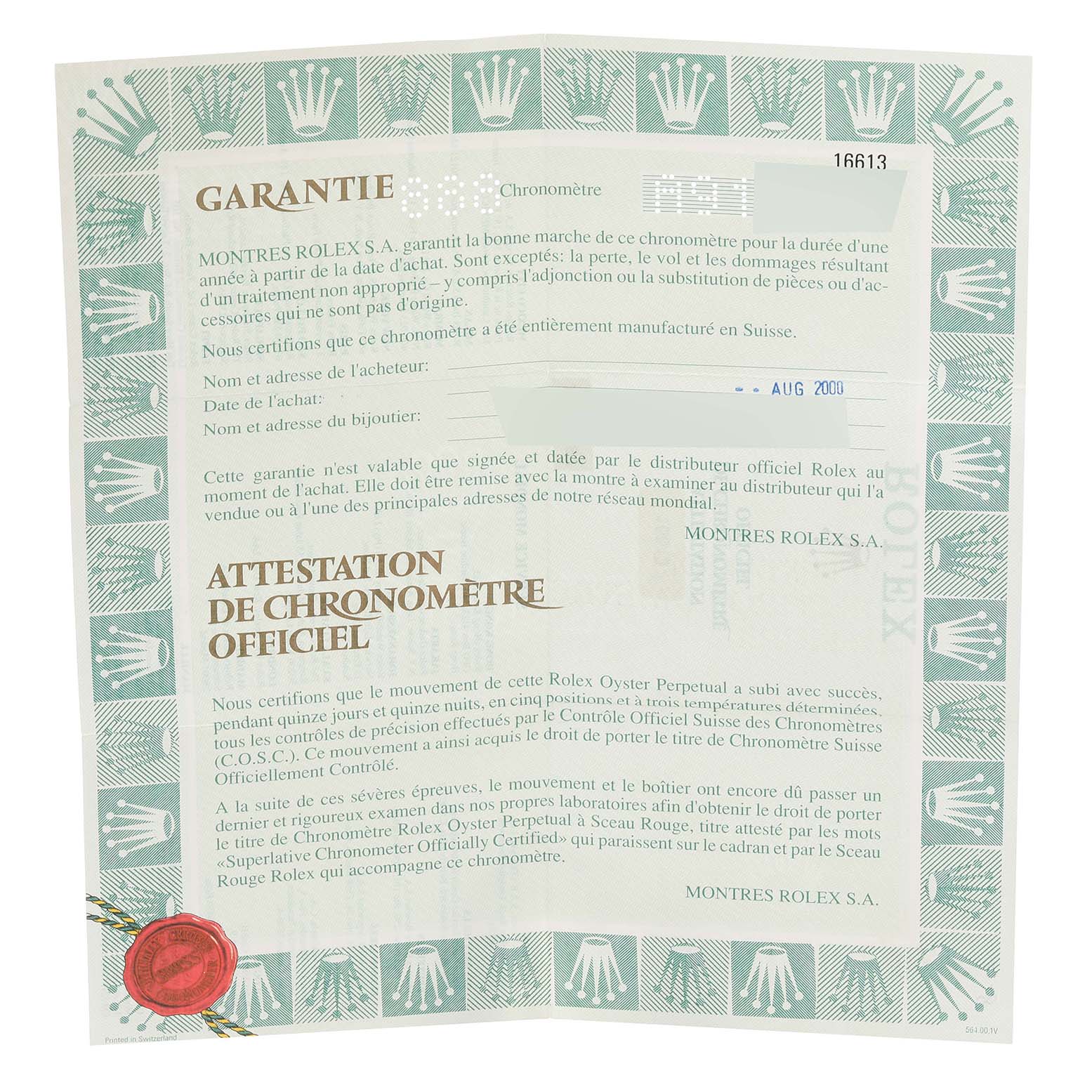 This image shows a written warranty and certification document for the Rolex Submariner 16613 Men's Steel and Gold (two tone) Black Dial 16613 Men's Steel and Gold (two tone) Black Dial model.