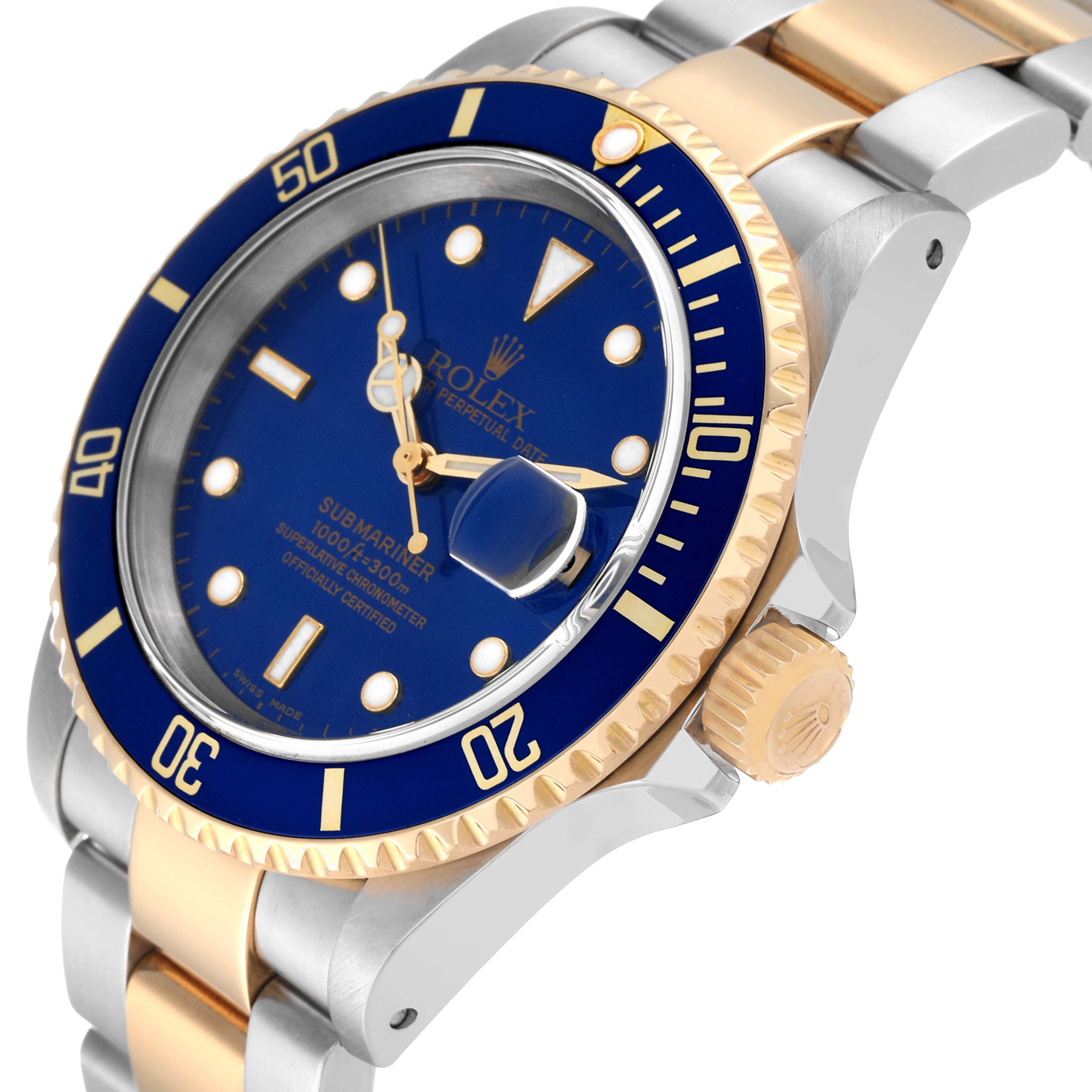 This image shows a Rolex Submariner 16613 Men's Steel and Gold (two tone) Black Dial 16613 Men's Steel and Gold (two tone) Black Dial watch at an angle highlighting its blue dial, gold bezel, and two-tone bracelet.