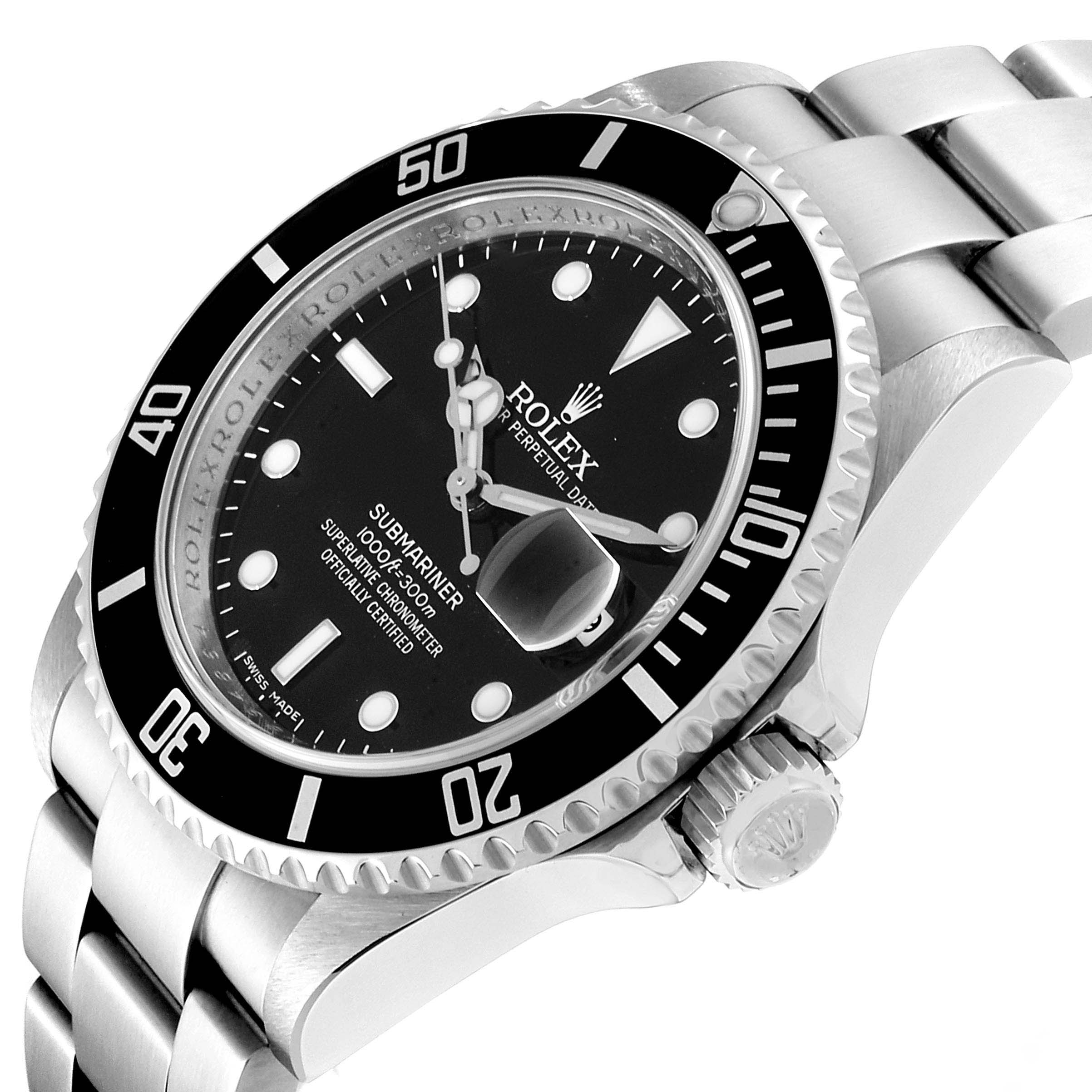 The image shows a Rolex Submariner 16610 Men
s Stainless Steel Black Dial 16610 Men
s Stainless Steel Black Dial watch at an angle highlighting the dial, bezel, and part of the bracelet.