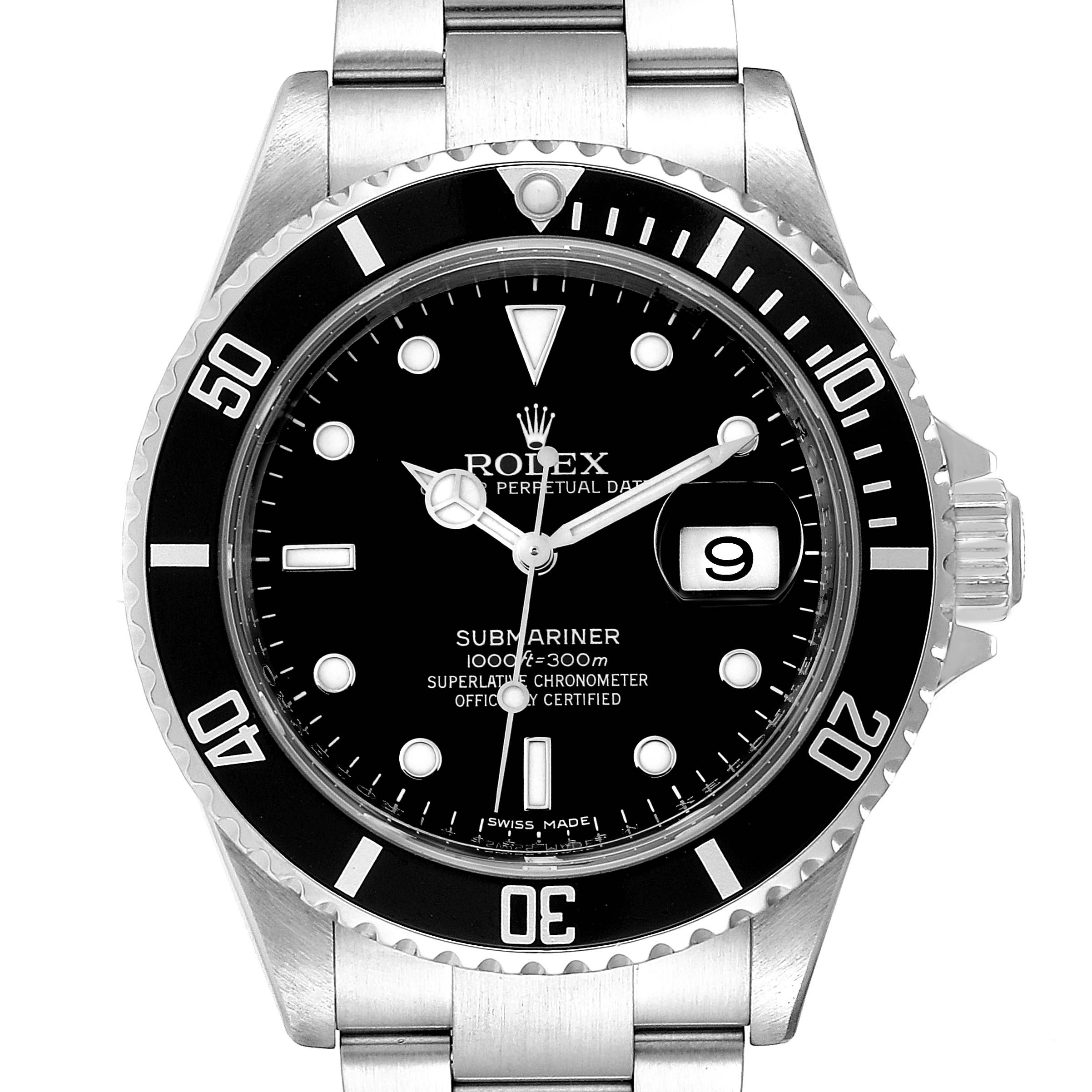 The image shows a front view of a Rolex Submariner 16610 Men
s Stainless Steel Black Dial 16610 Men
s Stainless Steel Black Dial watch, displaying its dial, bezel, and part of its bracelet.