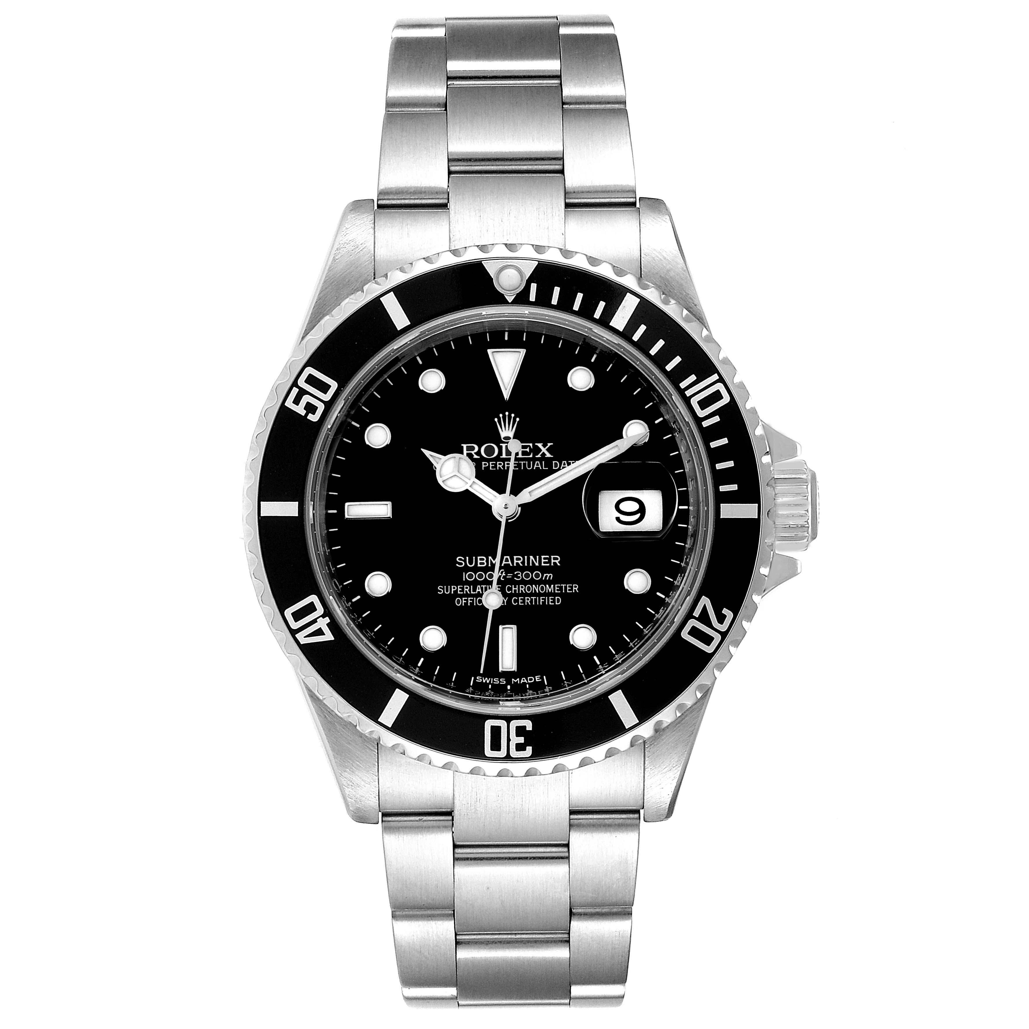 This image shows a frontal view of a Rolex Submariner 16610 Men
s Stainless Steel Black Dial 16610 Men
s Stainless Steel Black Dial watch, highlighting its dial, bezel, and metal bracelet.