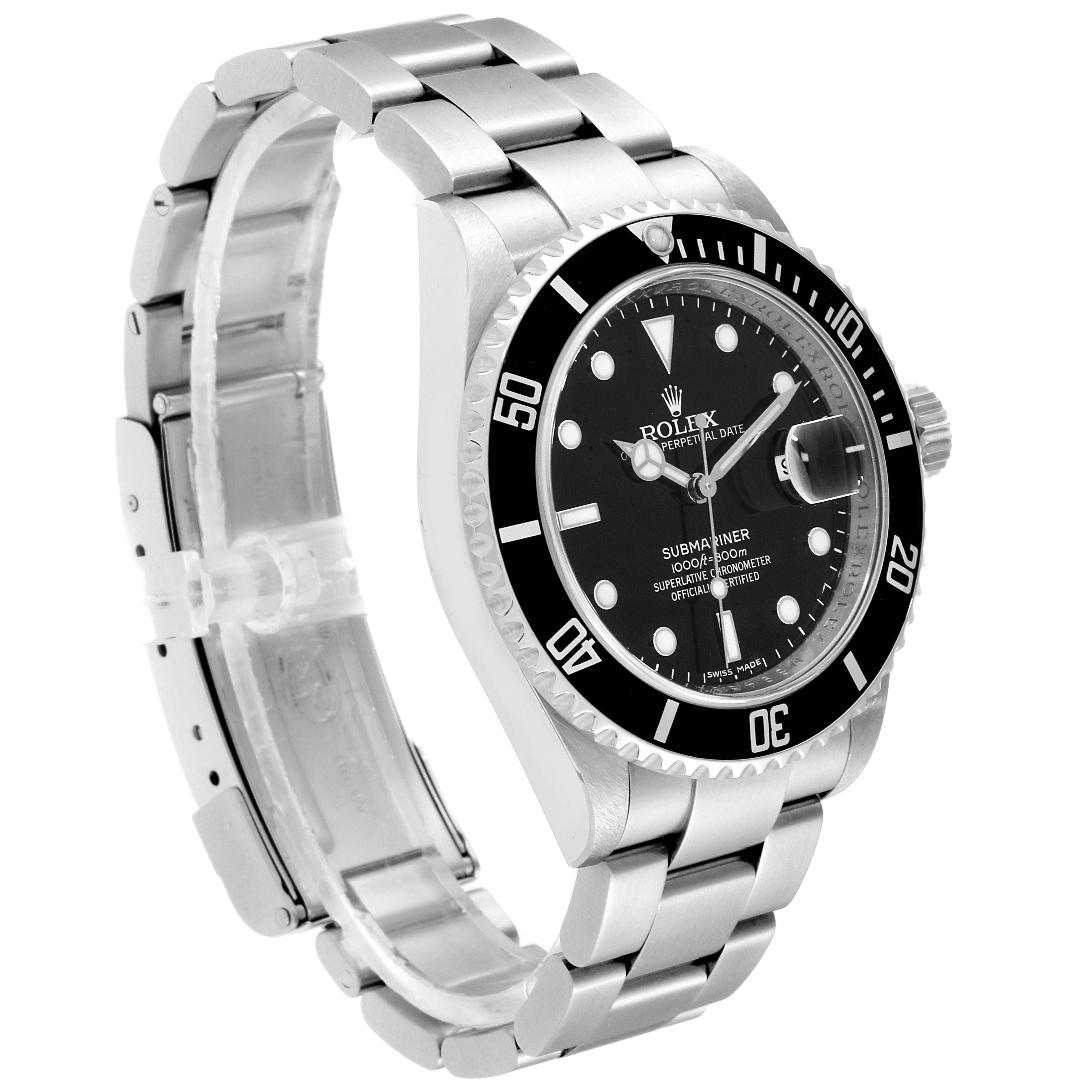 The Rolex Submariner 16610 Men
s Stainless Steel Black Dial 16610 Men
s Stainless Steel Black Dial watch is shown at a three-quarter angle, highlighting its face, bezel, and bracelet.
