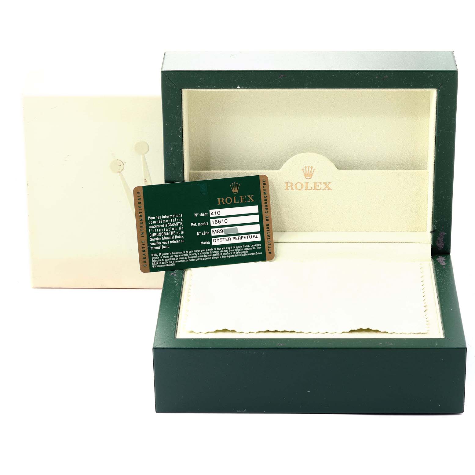 The image shows the packaging for a Rolex Submariner 16610 Men
s Stainless Steel Black Dial 16610 Men
s Stainless Steel Black Dial, including the outer box, inner box, and warranty card.