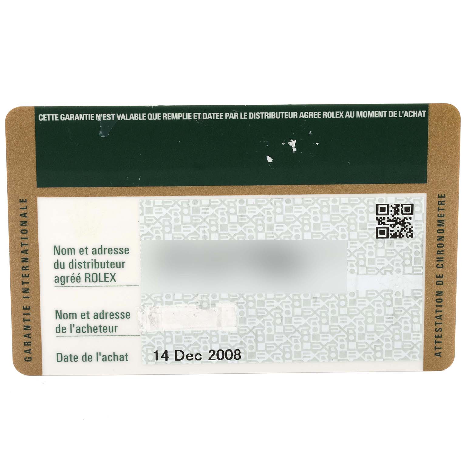 This is an image of a warranty card for a Rolex Submariner 16610 Men
s Stainless Steel Black Dial 16610 Men
s Stainless Steel Black Dial watch, showing information like purchase date and authorized dealer.