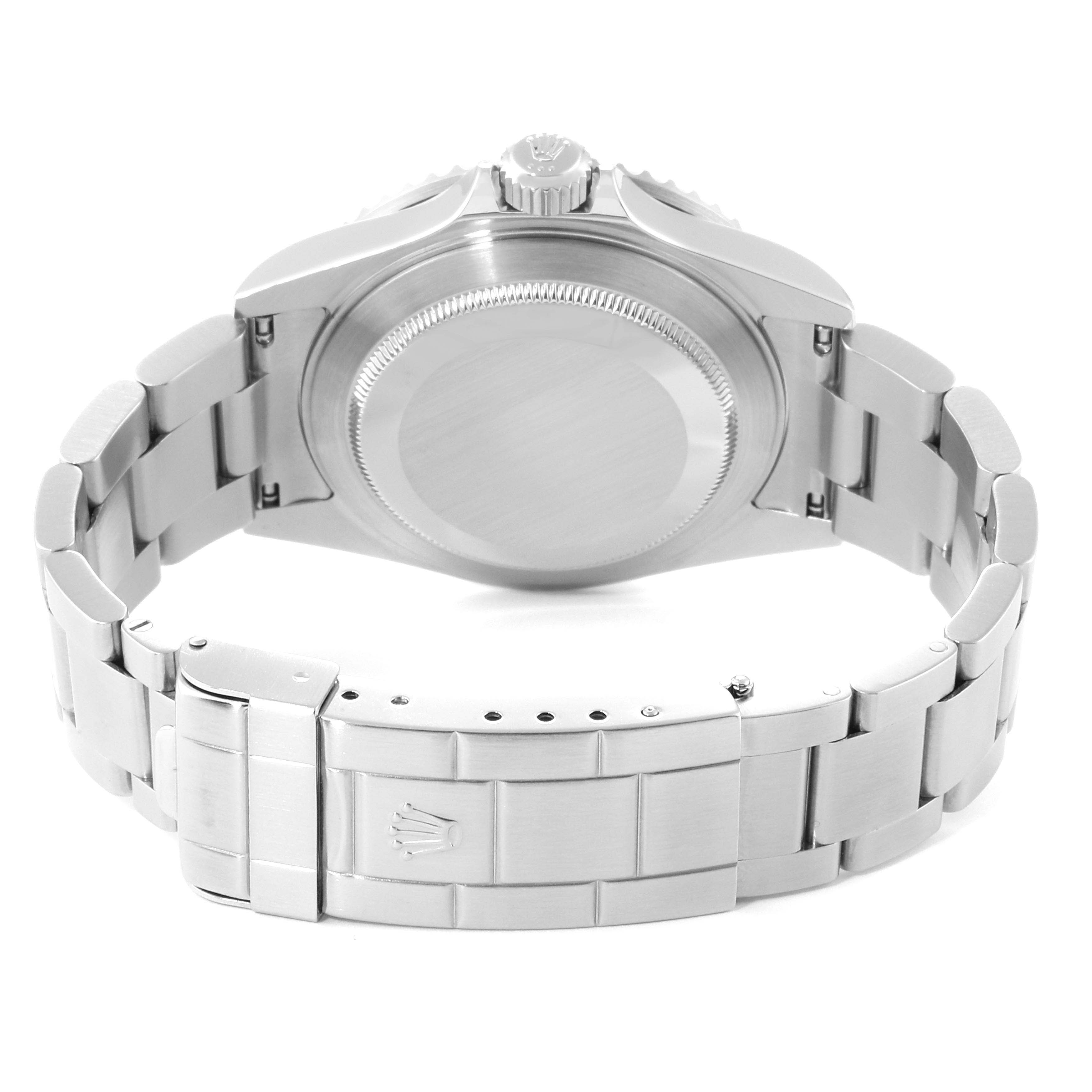 The image shows the back view and bracelet clasp of a Rolex Submariner 16610 Men
s Stainless Steel Black Dial 16610 Men
s Stainless Steel Black Dial watch.