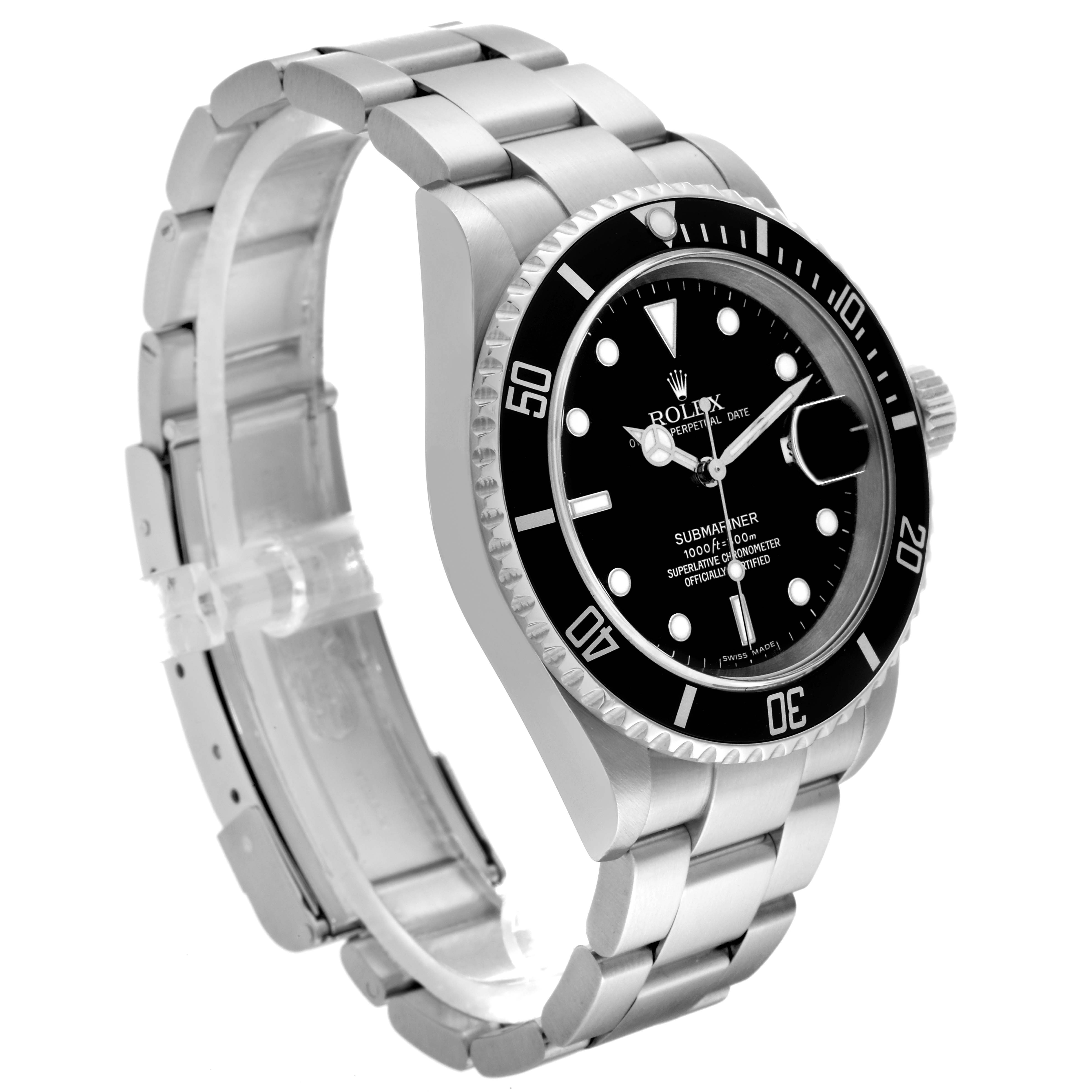 The image shows a Rolex Submariner 16610 Men's Stainless Steel Black Dial 16610 Men's Stainless Steel Black Dial watch from an angled side view featuring the dial, bezel, case, and bracelet.