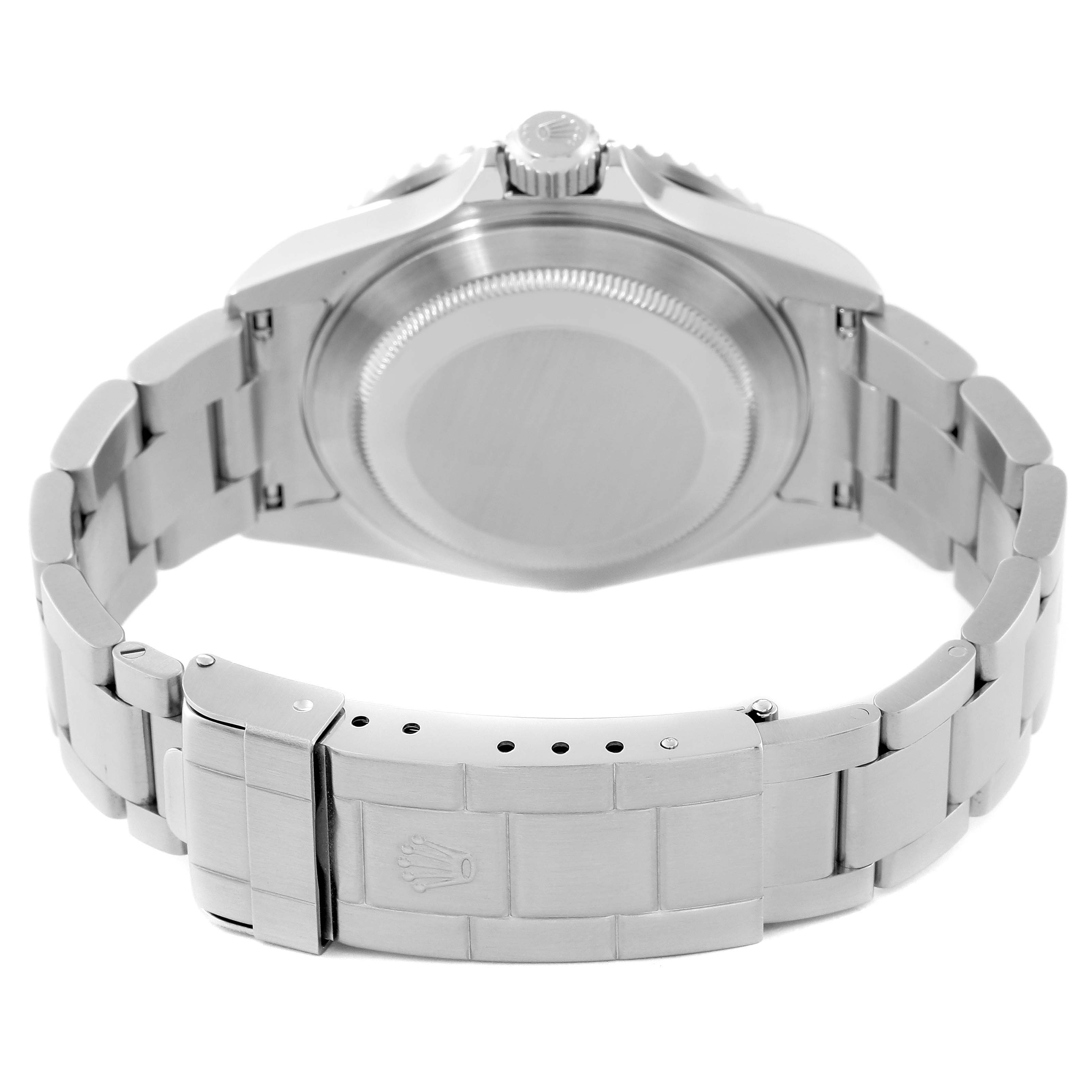 The image shows the back case, bracelet, and clasp of a Rolex Submariner 16610 Men's Stainless Steel Black Dial 16610 Men's Stainless Steel Black Dial model from a rear angle.