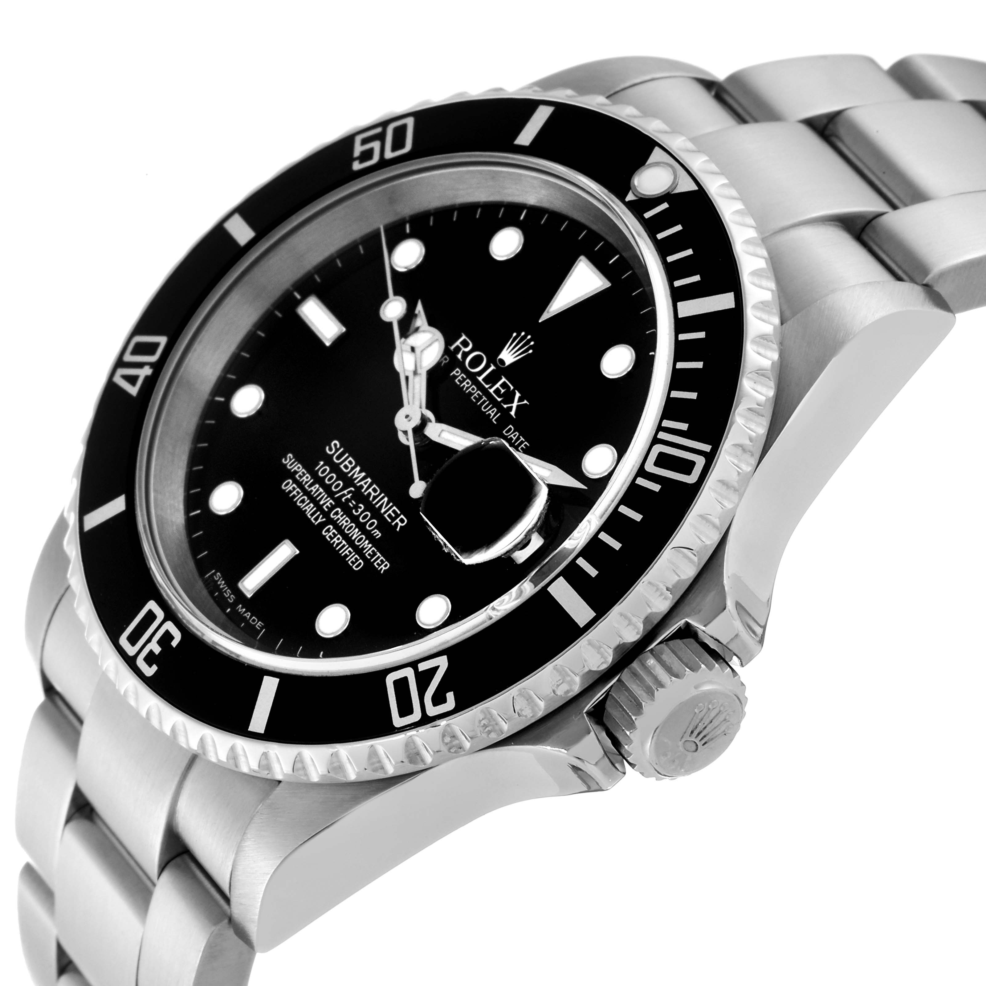The image shows a close-up angle of a Rolex Submariner 16610 Men's Stainless Steel Black Dial 16610 Men's Stainless Steel Black Dial watch displaying its dial, bezel, crown, and part of the bracelet.