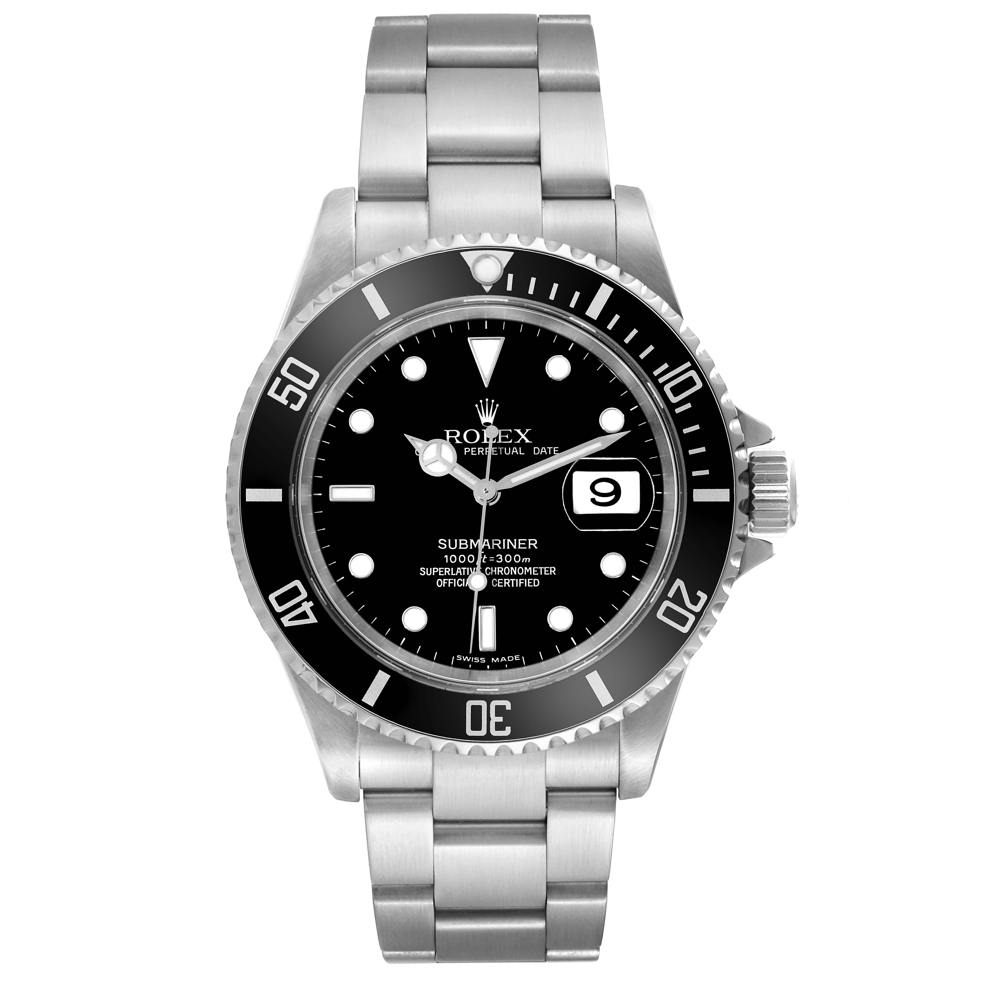 This image shows a front view of a Rolex Submariner 16610 Men's Stainless Steel Black Dial 16610 Men's Stainless Steel Black Dial watch, highlighting its black dial, date function, and stainless steel bracelet.