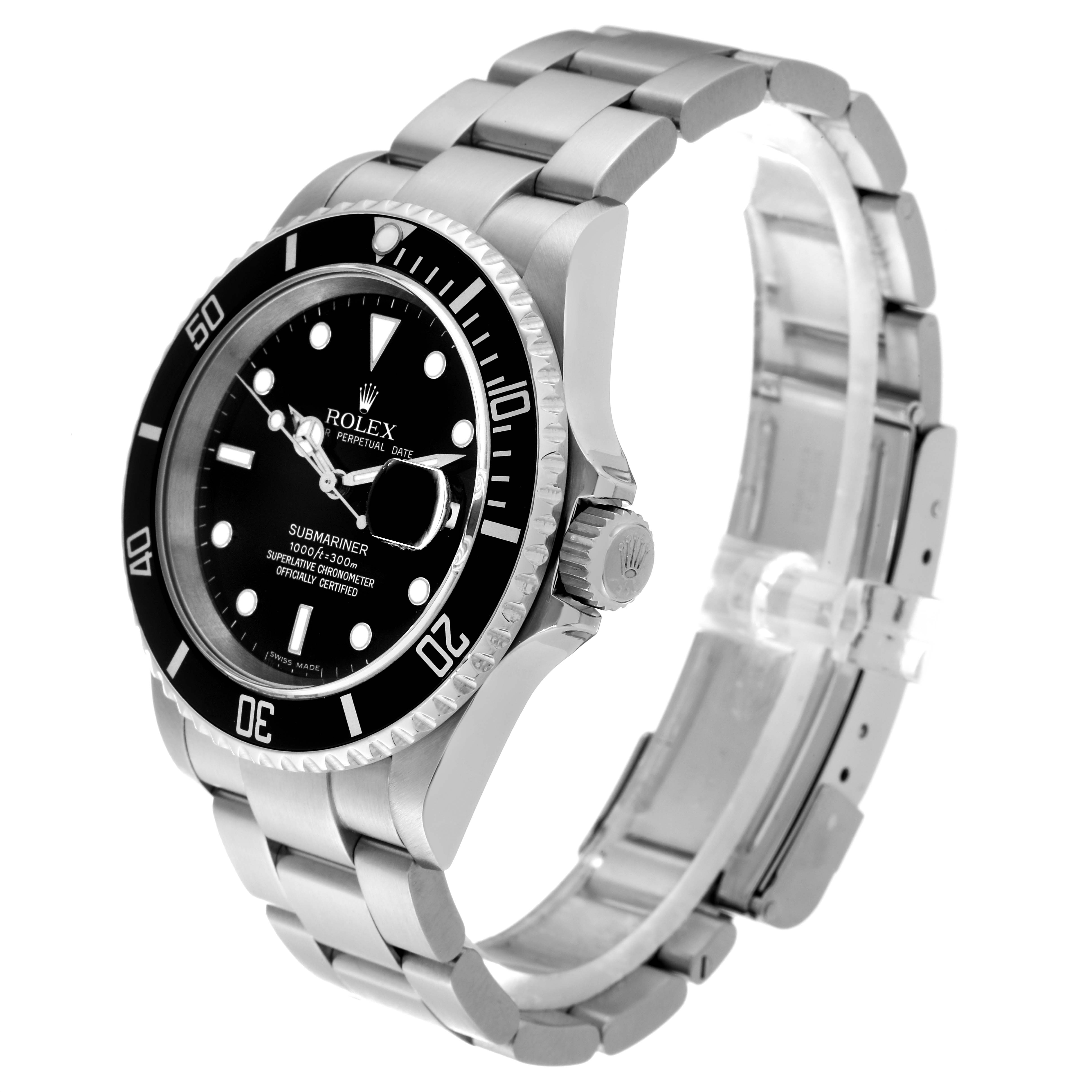The image shows a Rolex Submariner 16610 Men's Stainless Steel Black Dial 16610 Men's Stainless Steel Black Dial watch at an oblique angle, highlighting its face, bezel, crown, and bracelet.