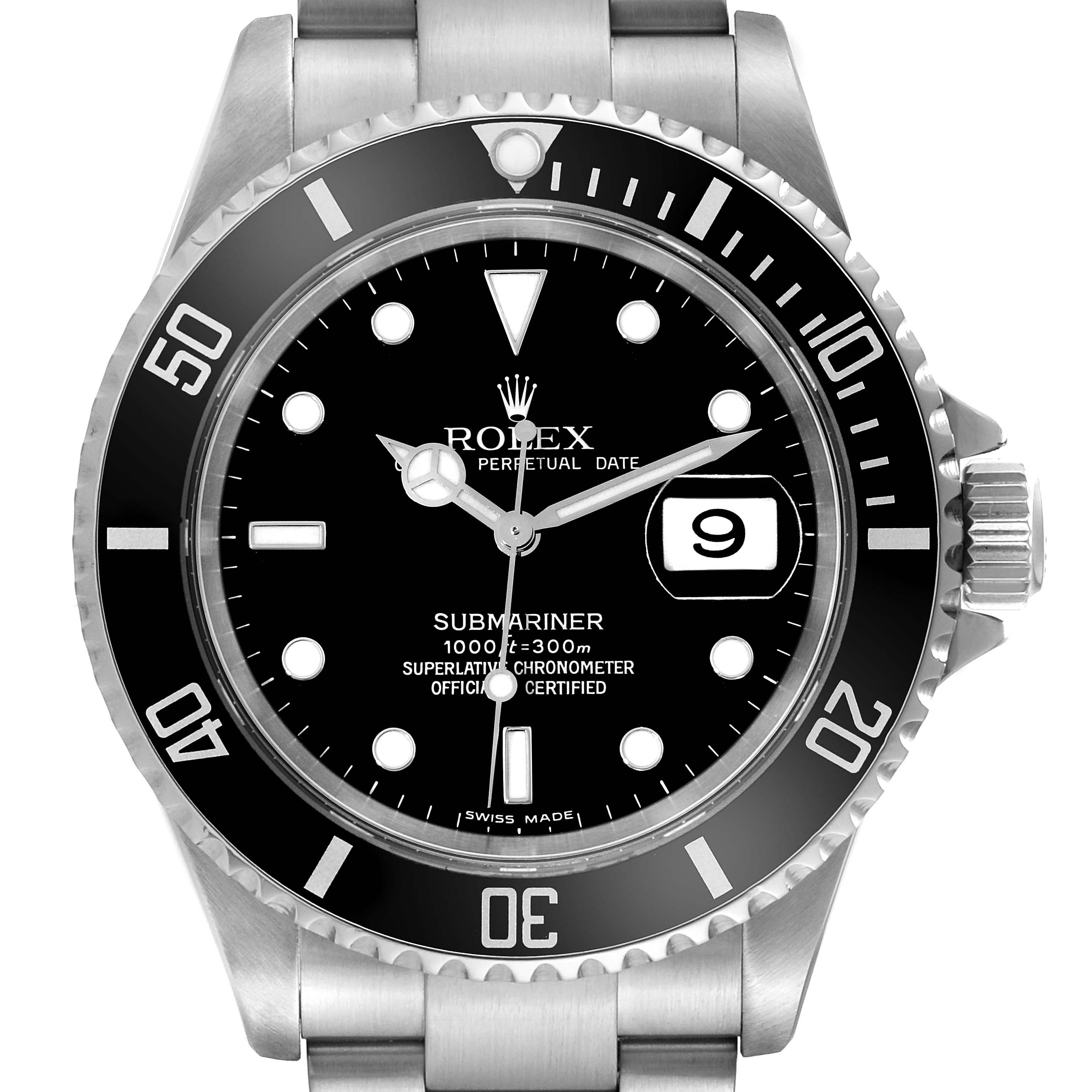 This image shows a front view of a Rolex Submariner 16610 Men's Stainless Steel Black Dial 16610 Men's Stainless Steel Black Dial watch, highlighting the dial, bezel, and part of the bracelet.