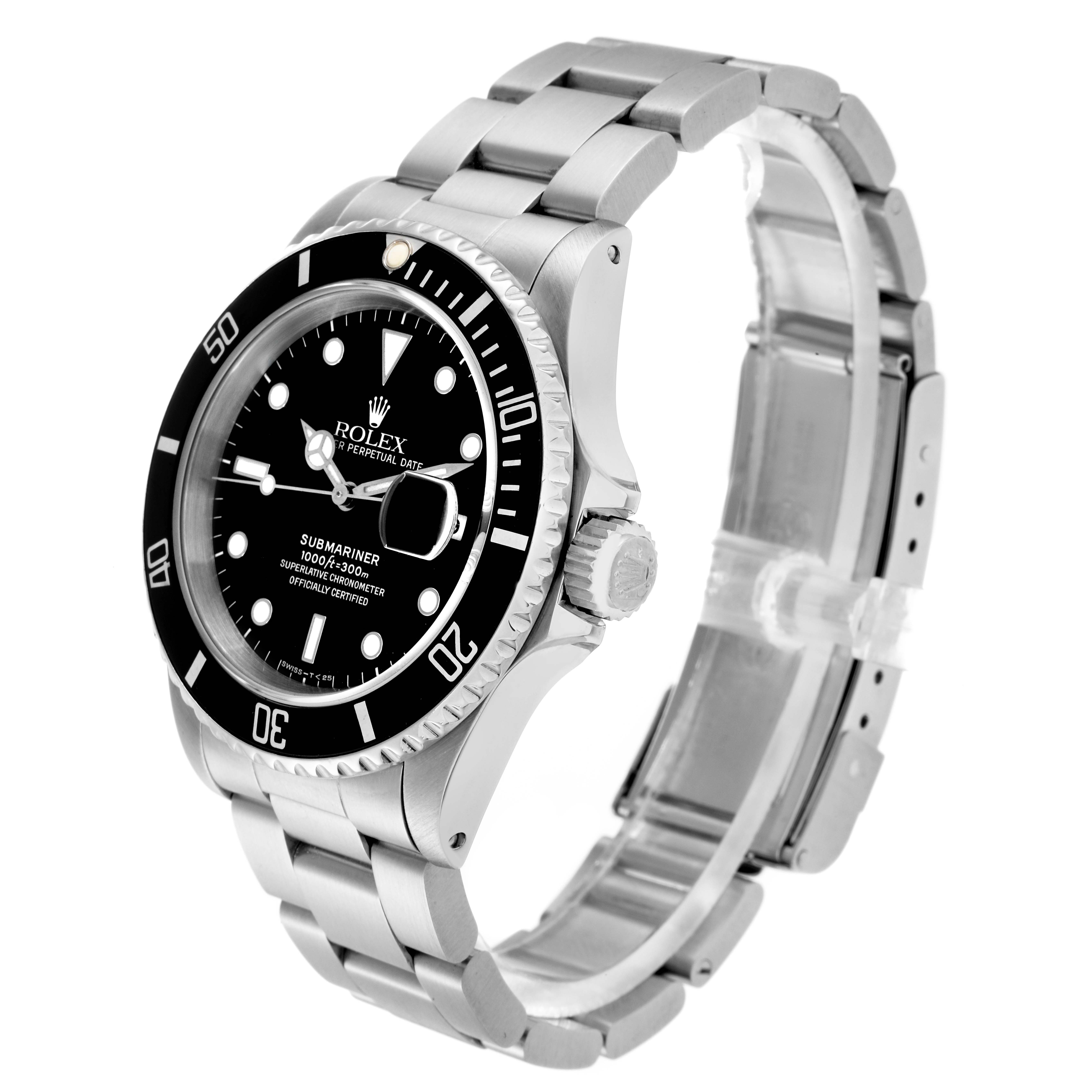The Rolex Submariner 16610 Men
s Stainless Steel Black Dial watch is shown at an oblique angle, highlighting the face, bezel, case, crown, and bracelet.