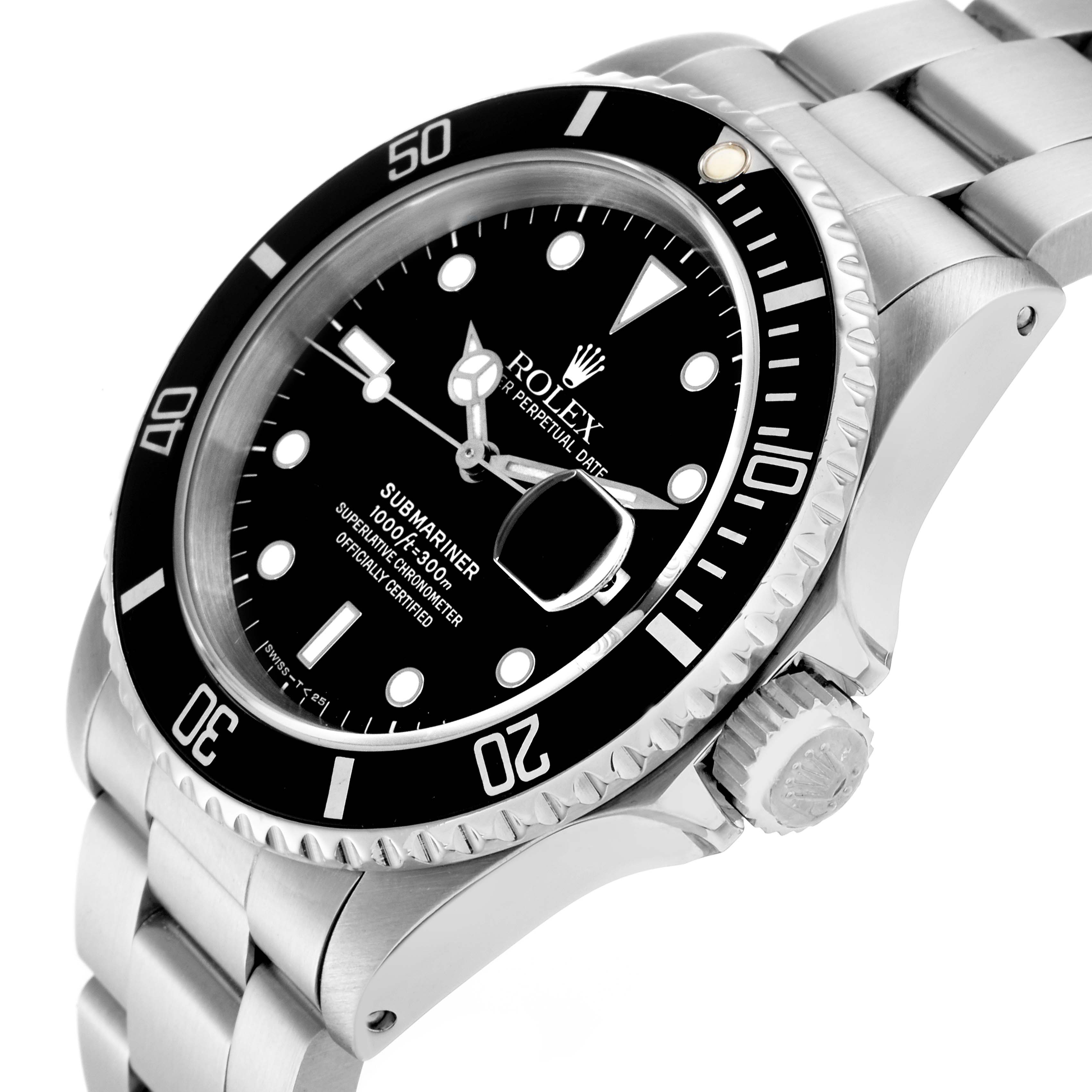 The Rolex Submariner 16610 Men
s Stainless Steel Black Dial watch is shown at a diagonal angle, highlighting the dial, bezel, crown, and part of the bracelet.