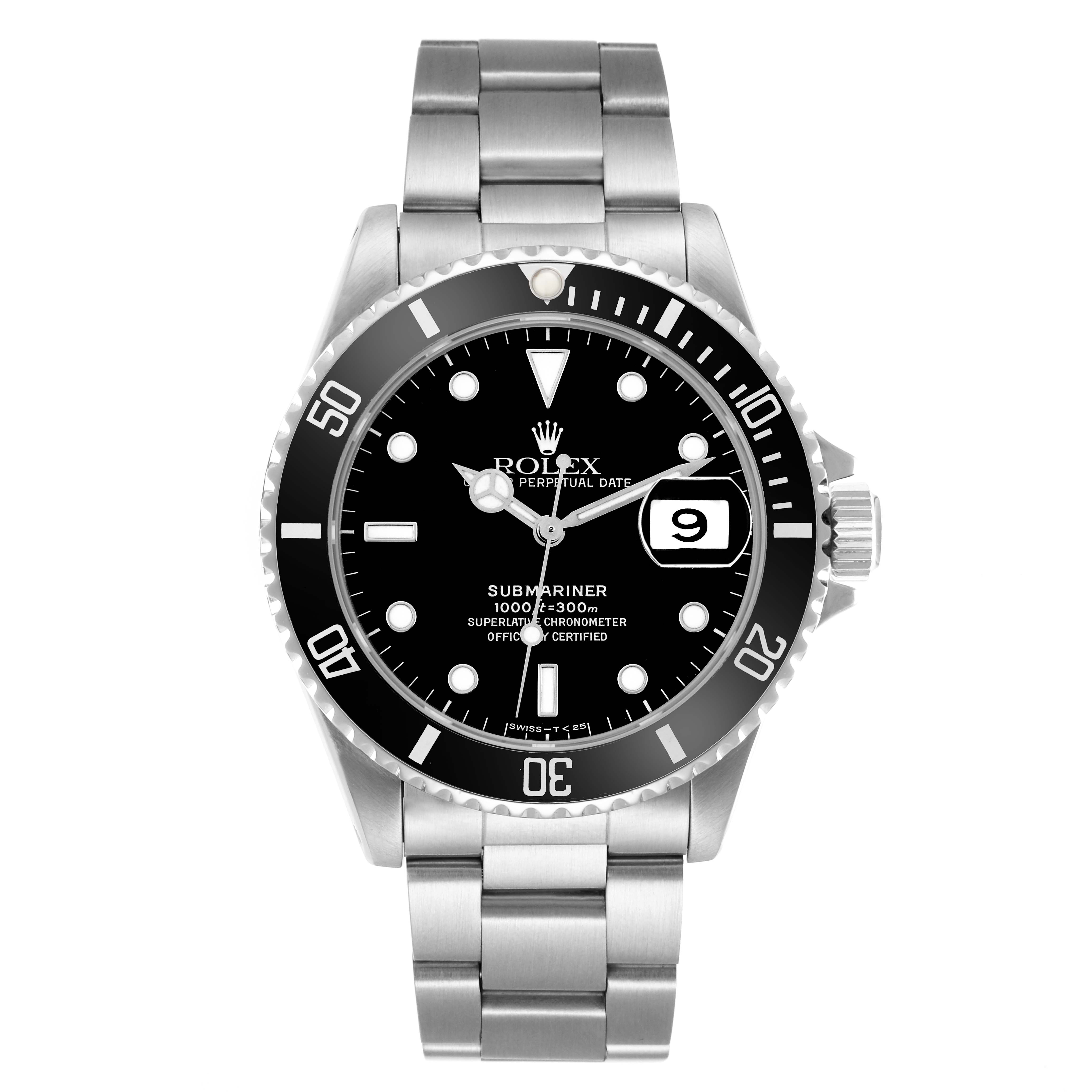 The Rolex Submariner 16610 Men
s Stainless Steel Black Dial watch is shown from the front, displaying the face, bezel, and bracelet.