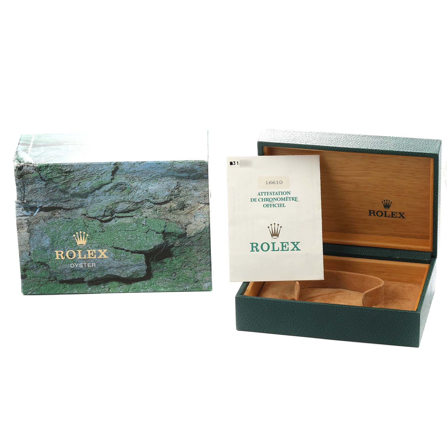 The image shows the packaging and warranty card for a Rolex Submariner 16610 Men
s Stainless Steel Black Dial, with the inner wood-finished box partially open.