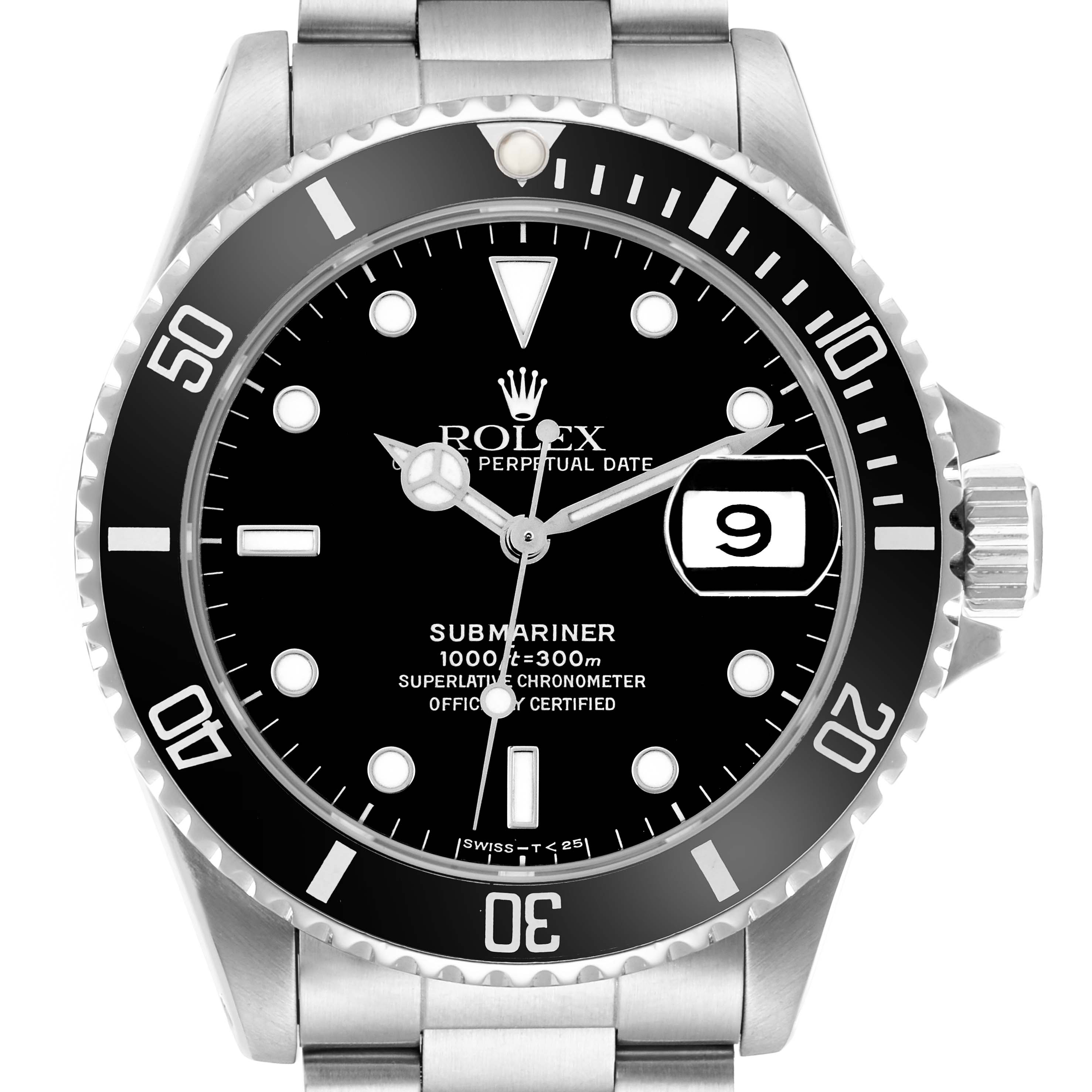 The Rolex Submariner 16610 Men
s Stainless Steel Black Dial watch is shown from a front angle, highlighting its bezel, dial, crown, and bracelet.