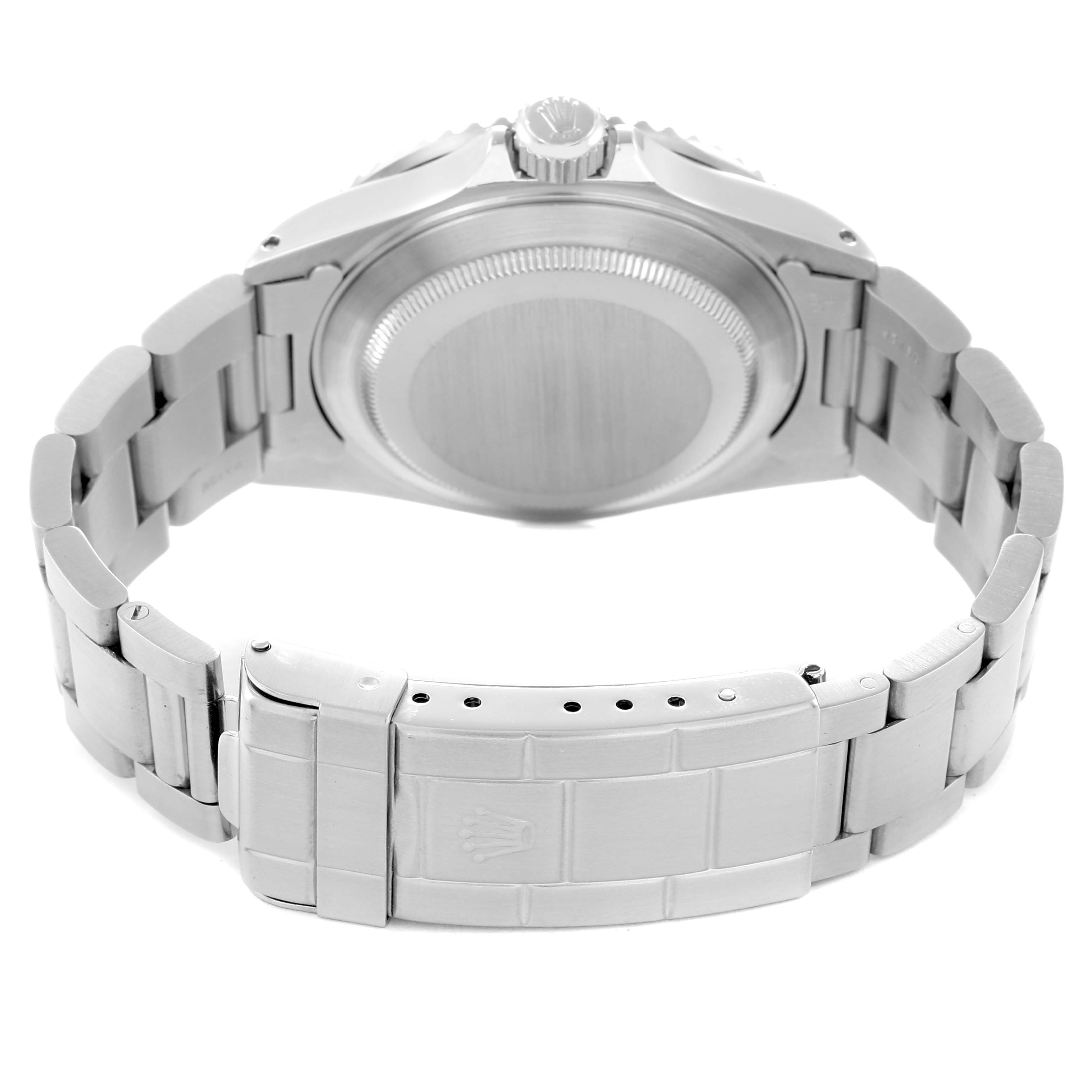 The image shows the back view of a Rolex Submariner 16610 Men
s Stainless Steel Black Dial watch, highlighting the case back and bracelet clasp.