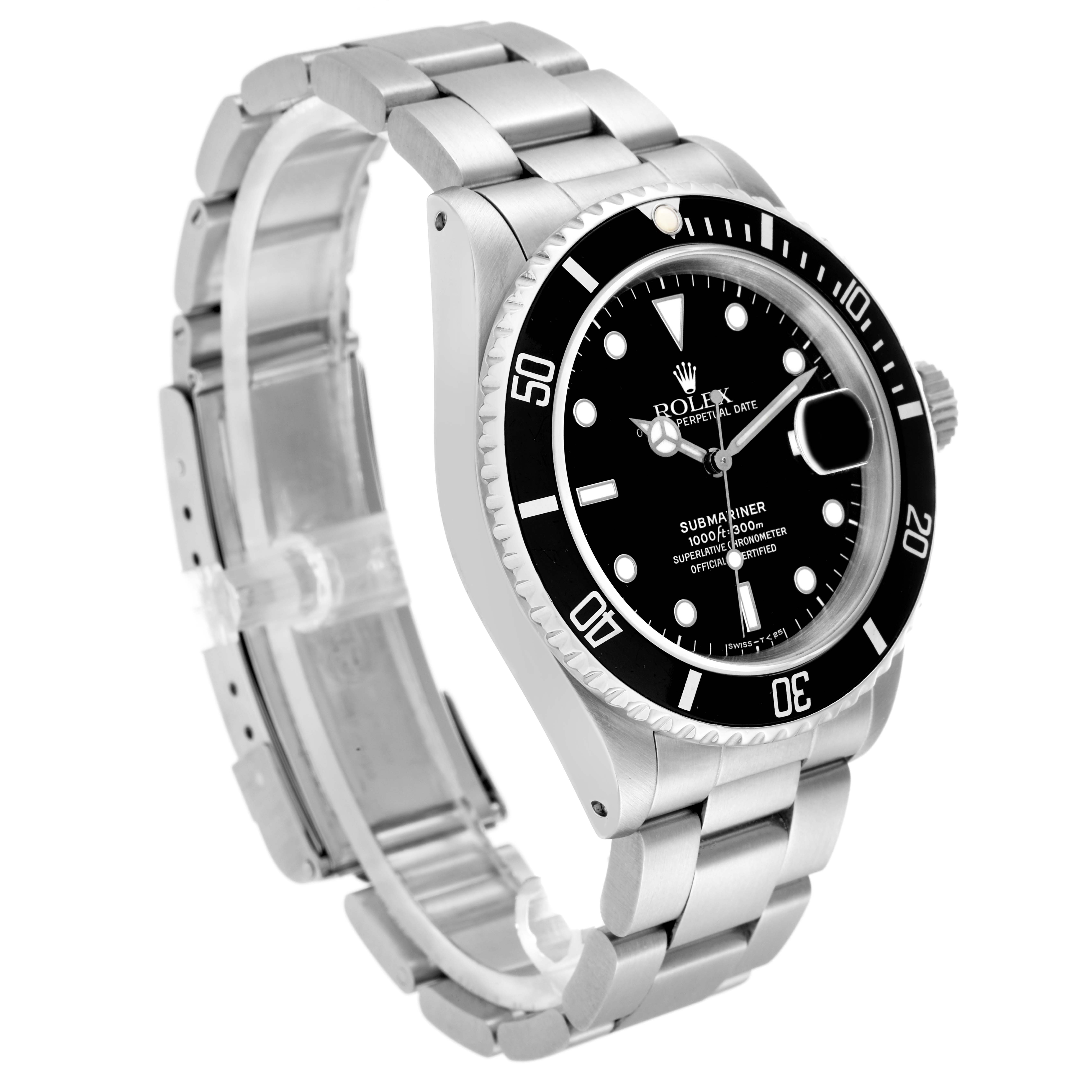 The Rolex Submariner 16610 Men
s Stainless Steel Black Dial watch is shown at a three-quarter angle, highlighting the bracelet, bezel, and face.
