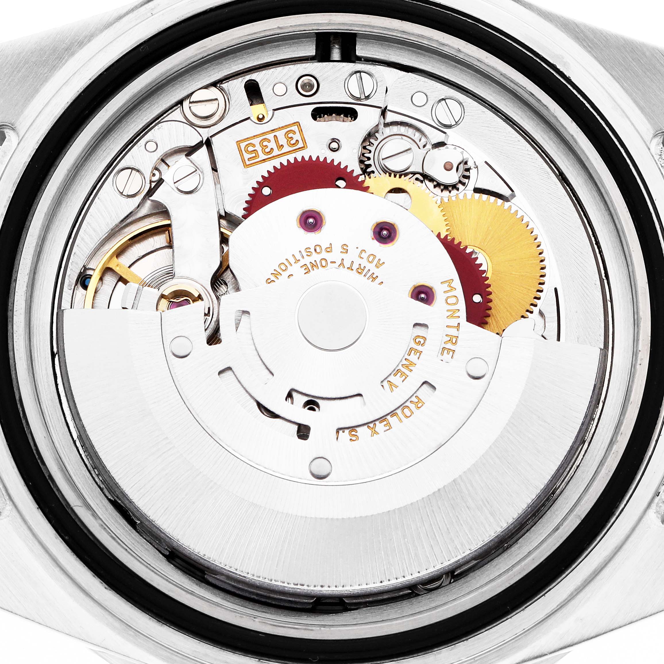 The image shows a close-up view of the Rolex Submariner 16610 Men
s Stainless Steel Black Dial
s movement, detailing gears, cogs, and the rotor.