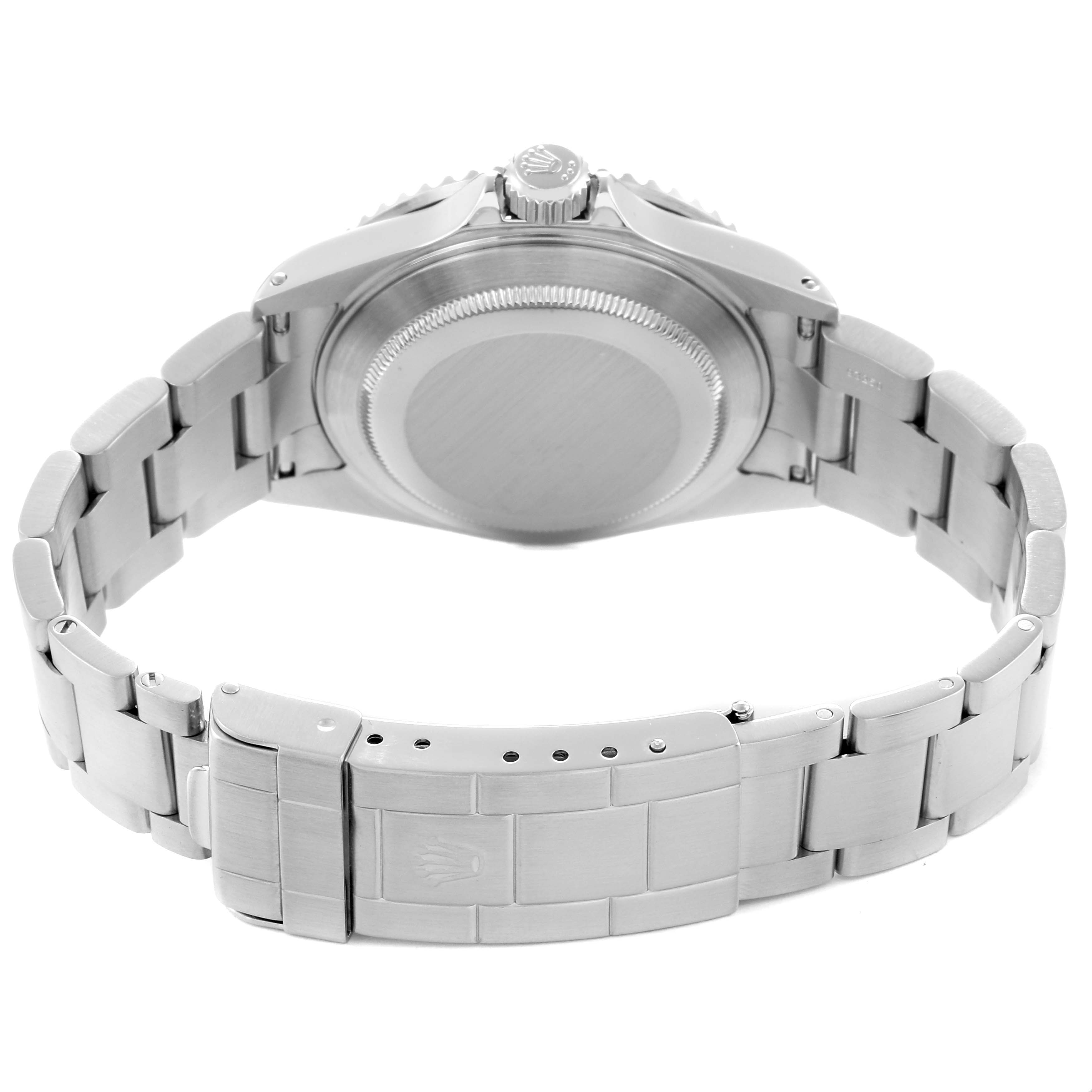 The image shows the back view of a Rolex Submariner 16610 Men
s Stainless Steel Black Dial, highlighting the case back, crown, and bracelet clasp.