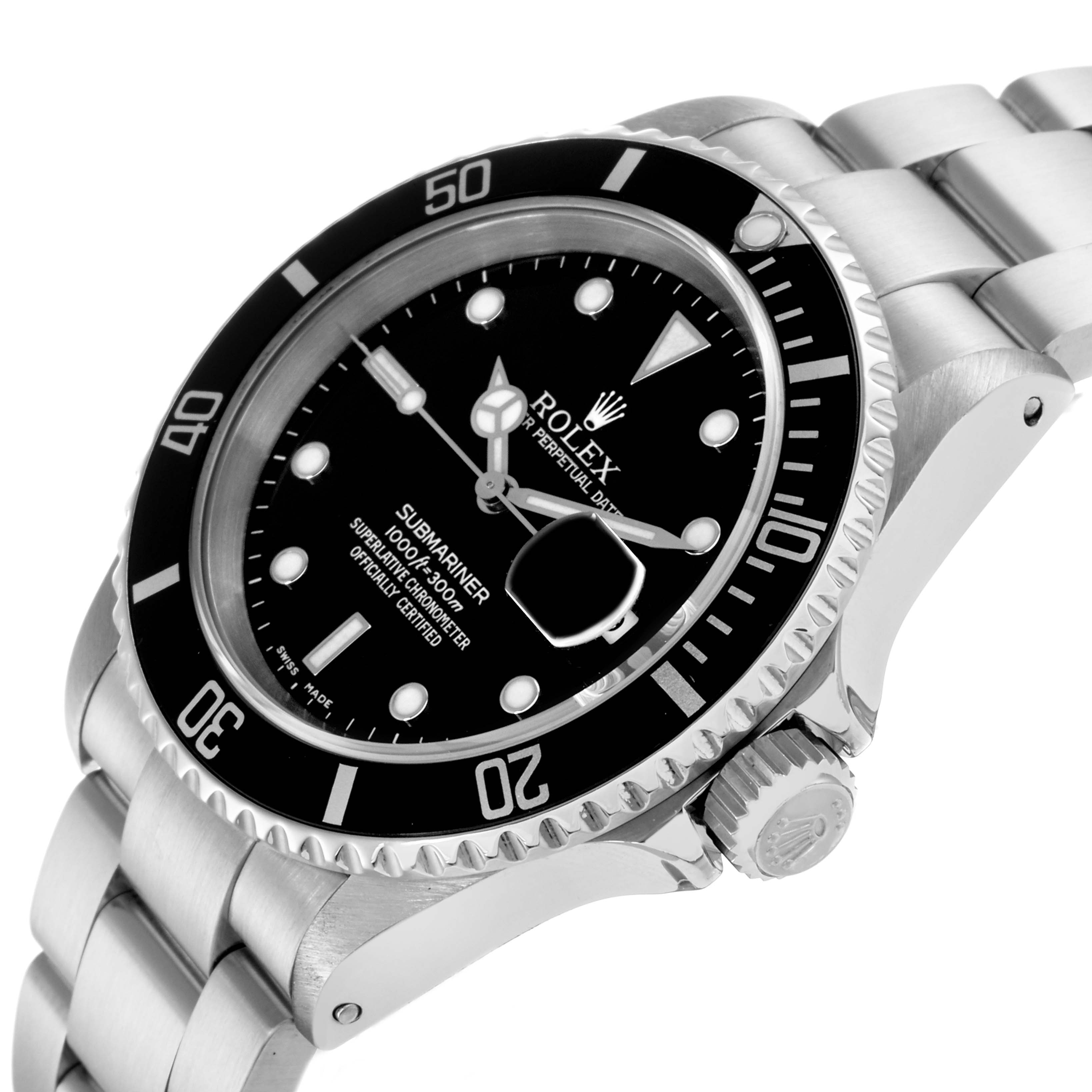 The image shows a Rolex Submariner 16610 Men
s Stainless Steel Black Dial watch at an angled view, highlighting the dial, bezel, crown, and part of the bracelet.