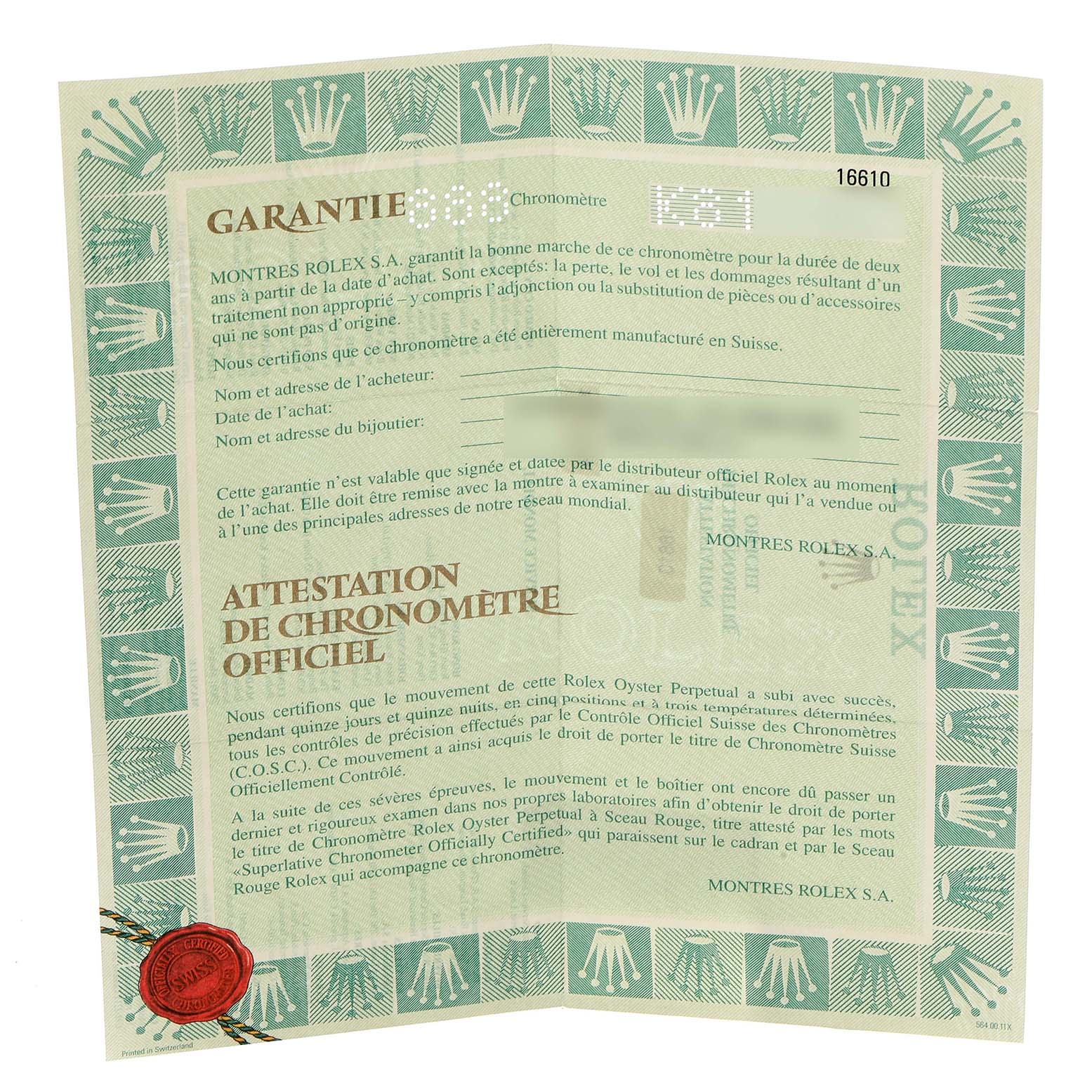 The image shows a guarantee certificate for a Rolex Submariner 16610 Men
s Stainless Steel Black Dial, featuring the Rolex logo and details about certification.