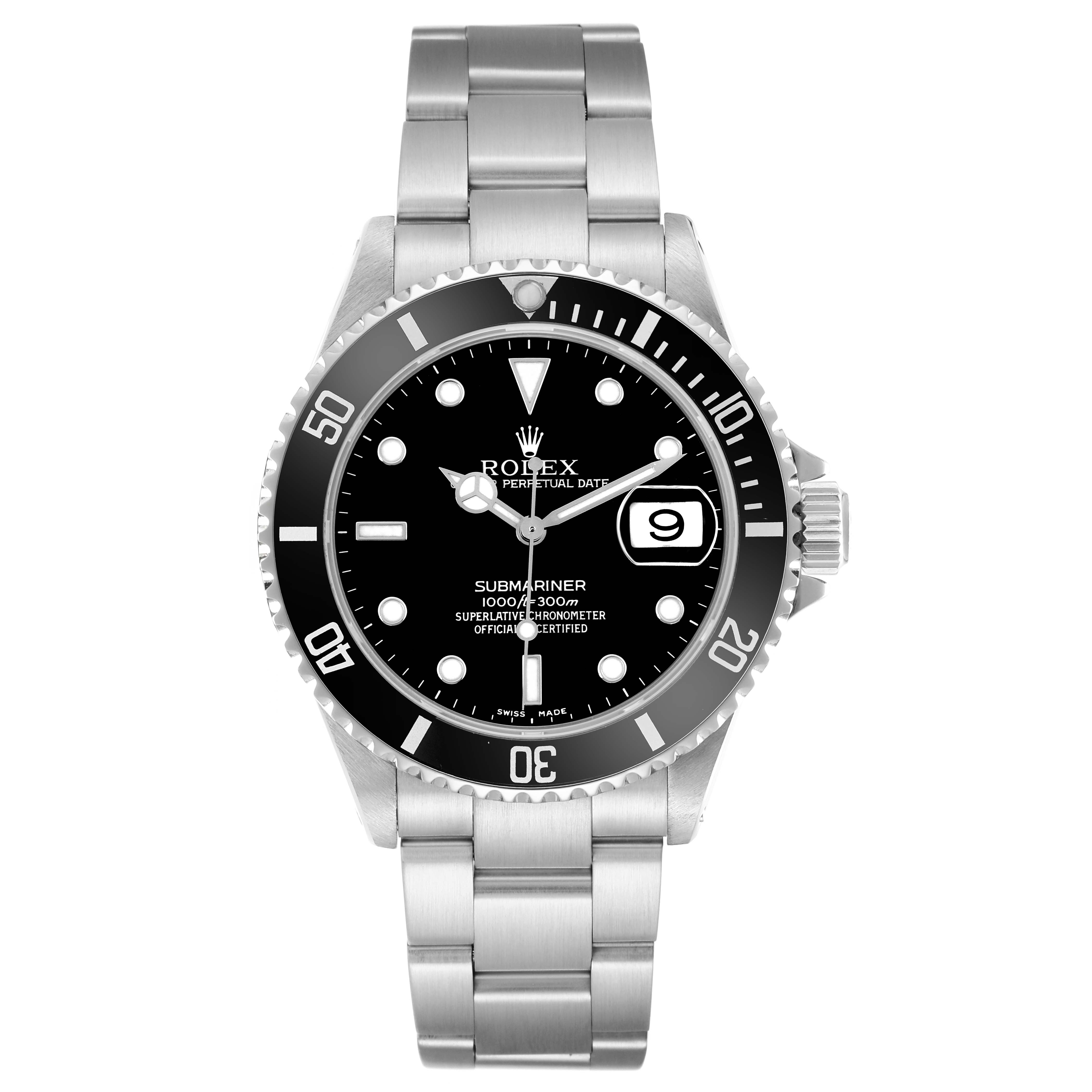 The image shows a front view of a Rolex Submariner 16610 Men
s Stainless Steel Black Dial, displaying its dial, bezel, and bracelet.