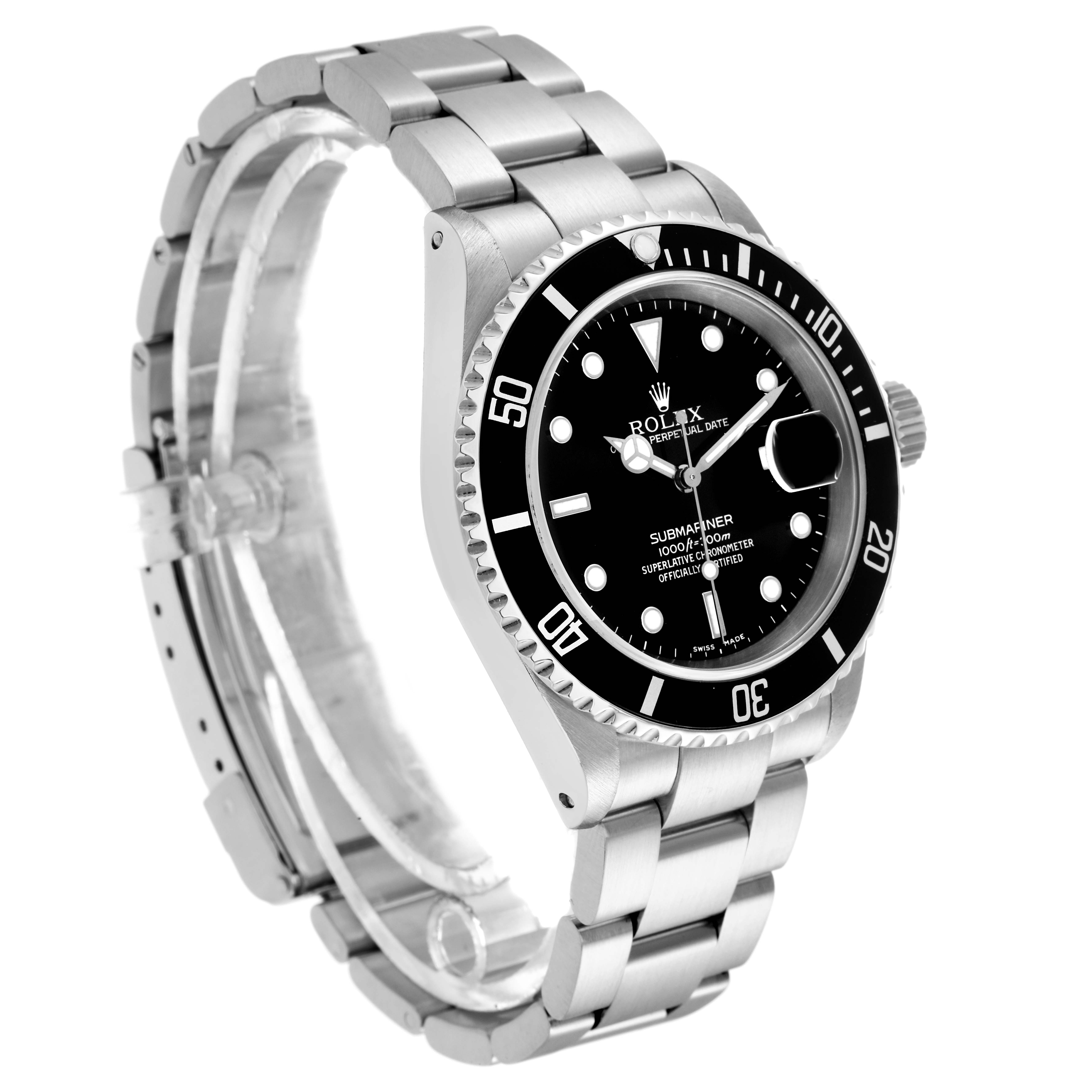 The Rolex Submariner 16610 Men
s Stainless Steel Black Dial watch is shown from a three-quarter angle, highlighting the face, bezel, and bracelet.