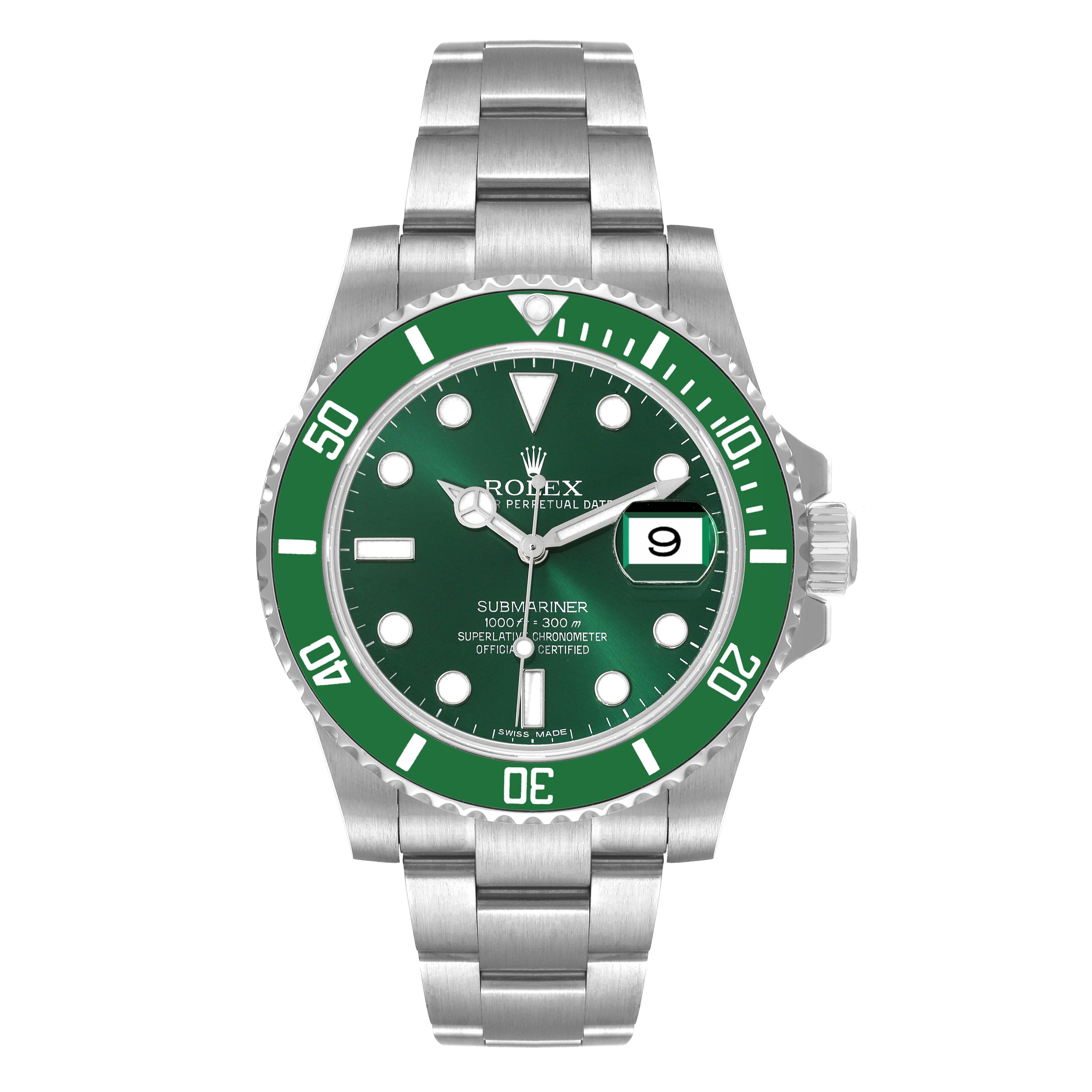 This image shows a front view of the Rolex Submariner 116610LV Men
s Stainless Steel Green Dial 116610LV Men
s Stainless Steel Green Dial watch, displaying its green dial, bezel, and stainless steel bracelet.