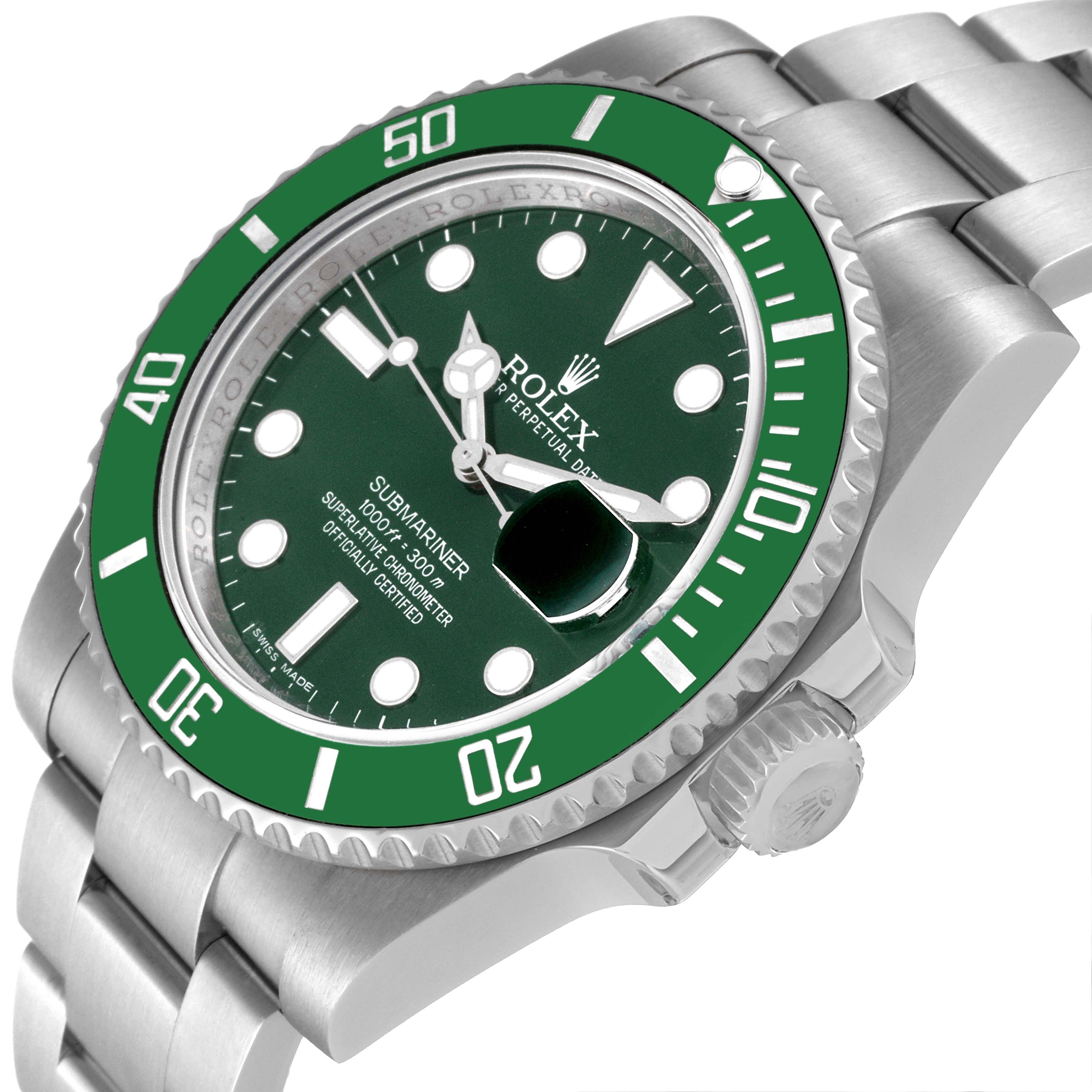 The image shows a side angle of a Rolex Submariner 116610LV Men
s Stainless Steel Green Dial 116610LV Men
s Stainless Steel Green Dial watch, highlighting the green bezel, dial, and stainless steel bracelet.